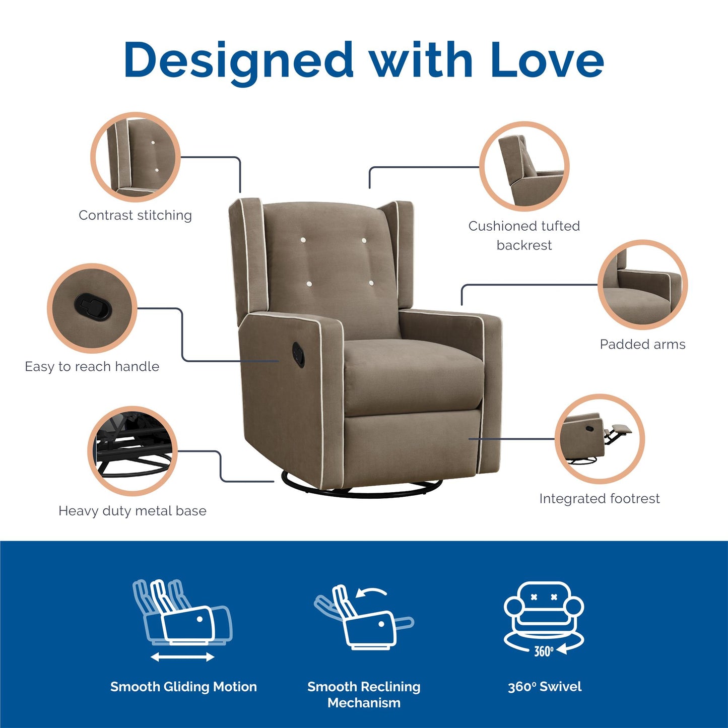 Mikayla Swivel Glider Recliner Chair Pocket Coil Seating - Mocha