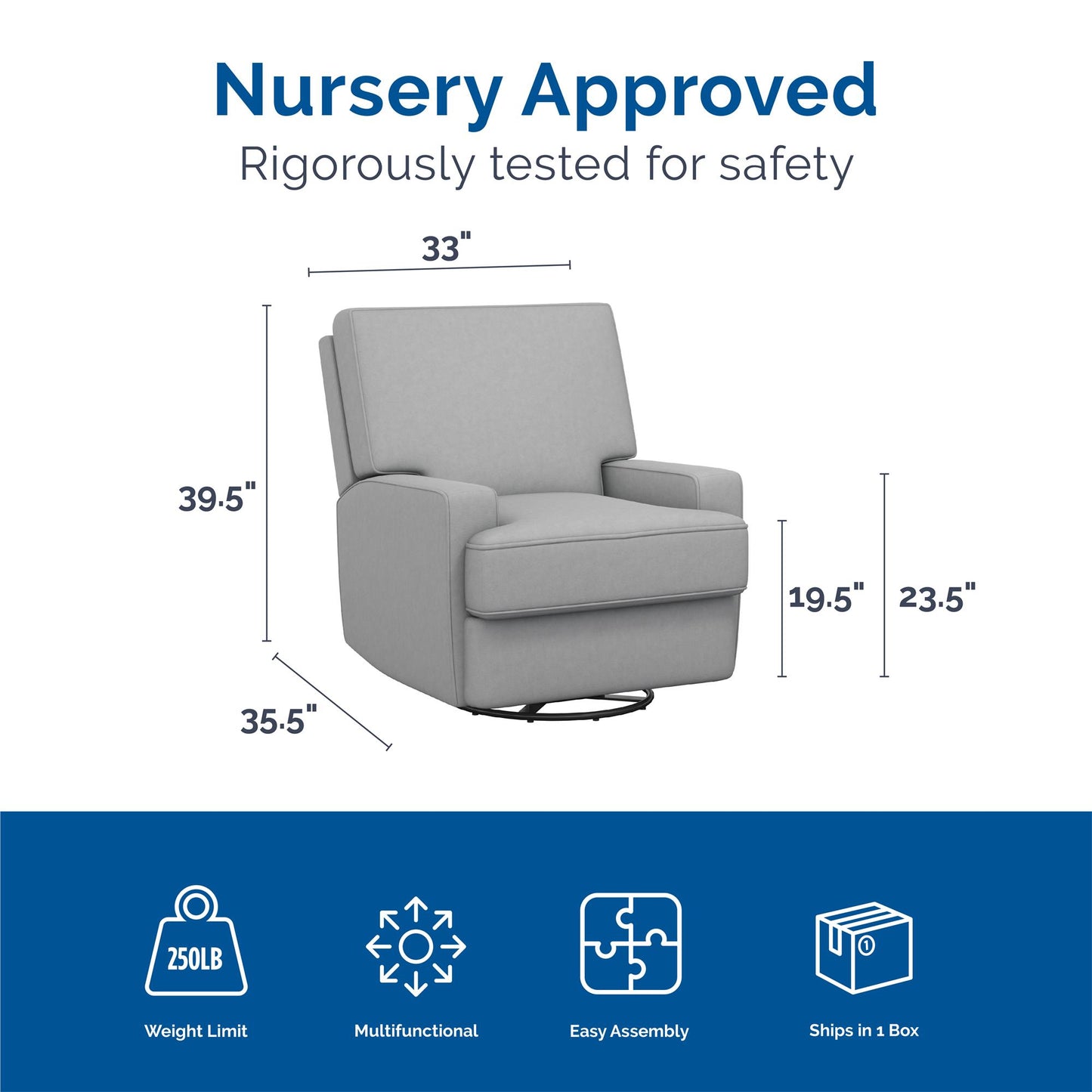 Rylan Upholstered Swivel Glider Recliner Chair with Square Back - Gray