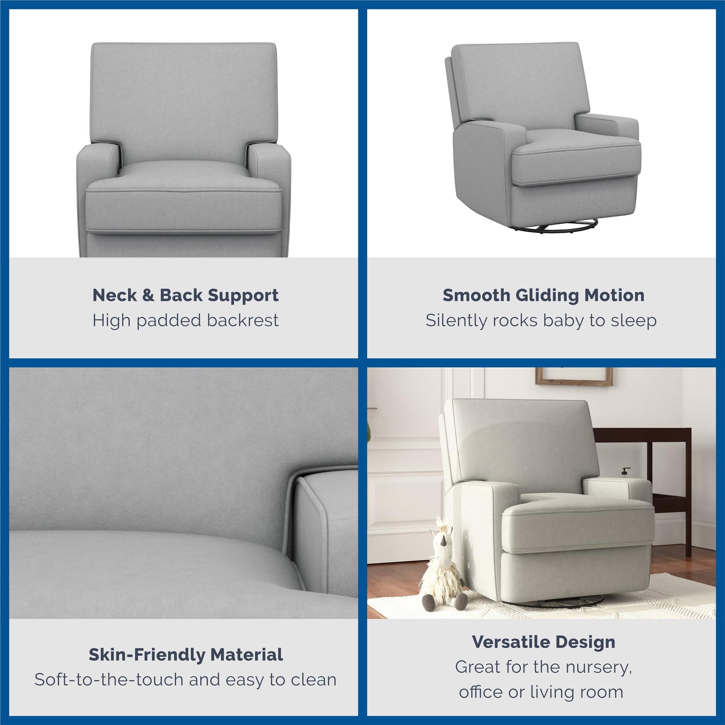 Rylan Upholstered Swivel Glider Recliner Chair with Square Back - Gray