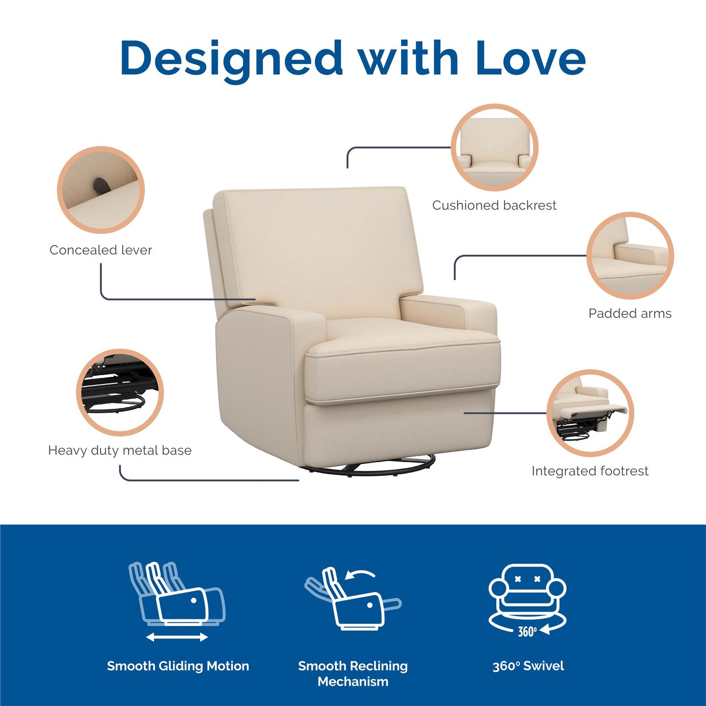 Rylan Upholstered Swivel Glider Recliner Chair with Square Back - Beige