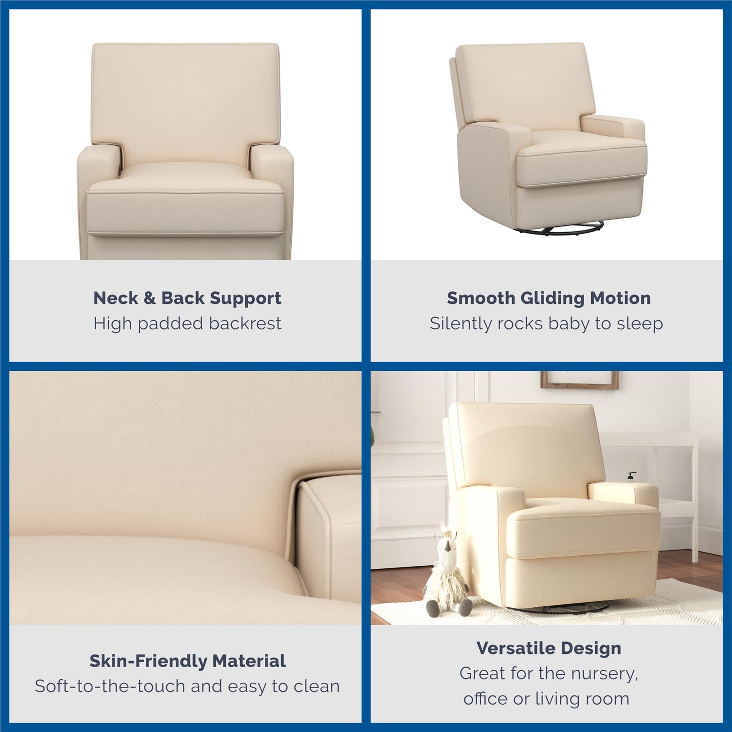Rylan Upholstered Swivel Glider Recliner Chair with Square Back - Beige