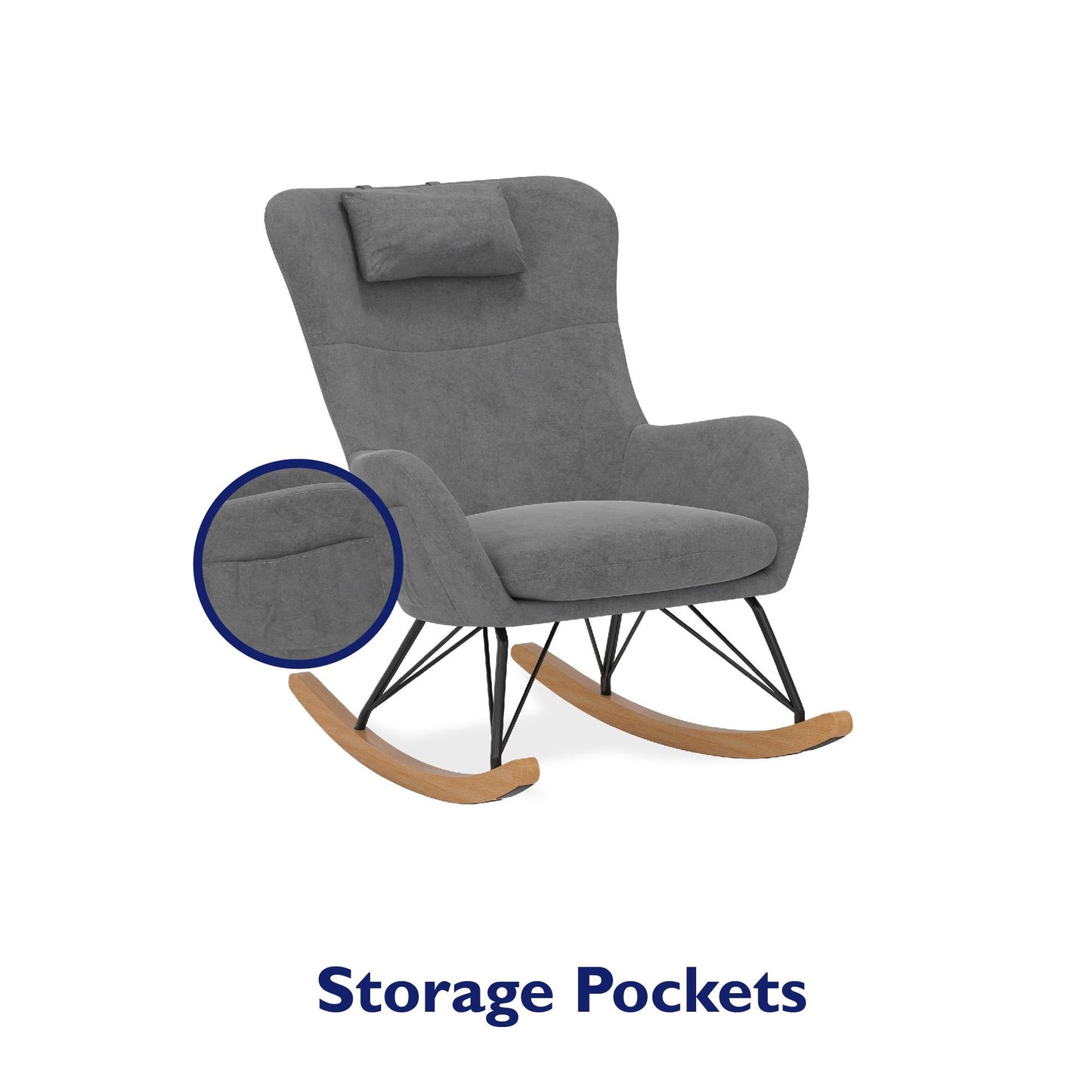 Robbie Rocker Accent Chair with Storage Pockets and Matching Pillow Headrest - Gray