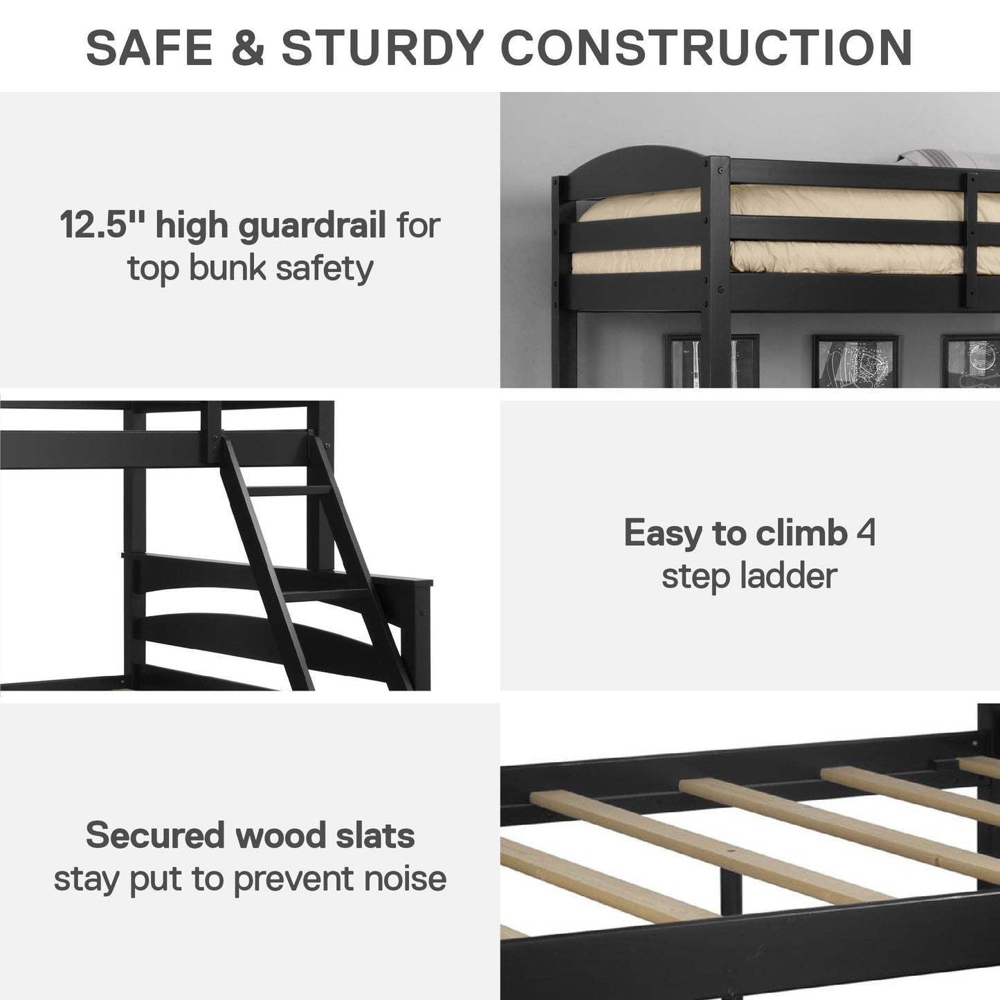 Brady Twin over Full Wooden Bunk Bed Frame with Ladder - Black