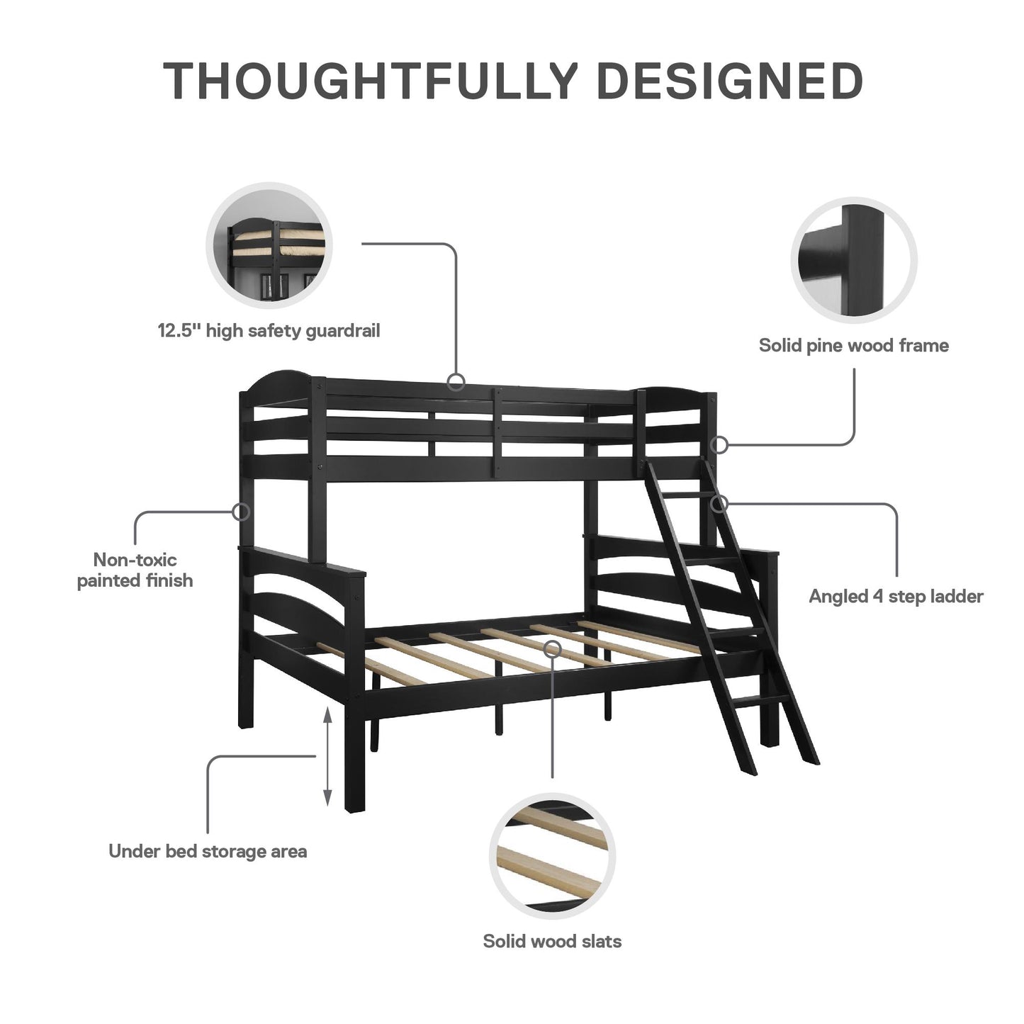 Brady Twin over Full Wooden Bunk Bed Frame with Ladder - Black