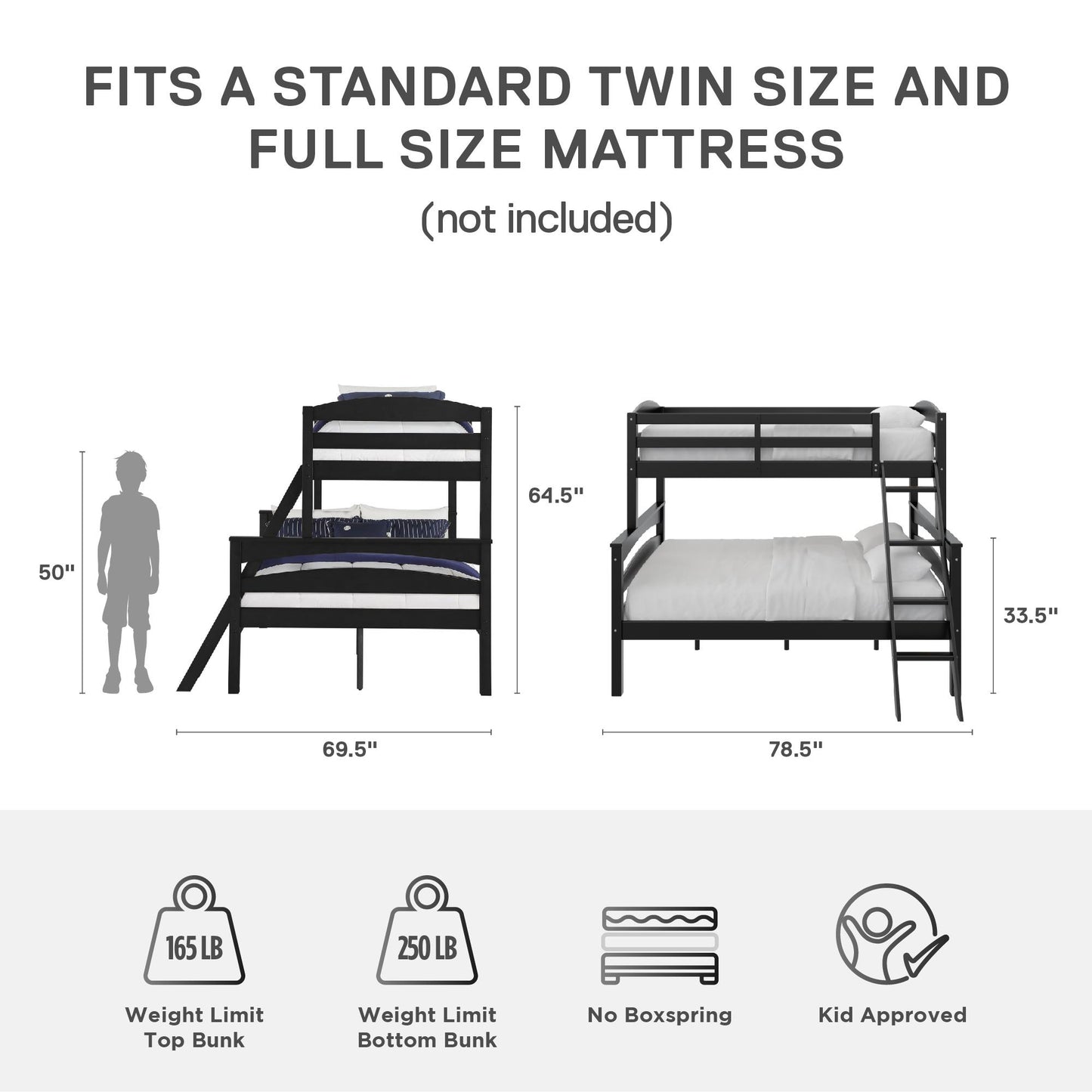 Brady Twin over Full Wooden Bunk Bed Frame with Ladder - Black