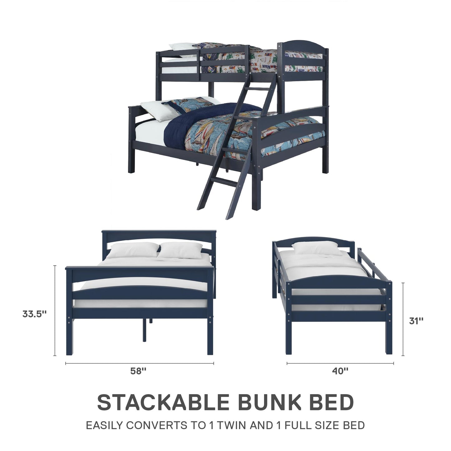 Brady Twin over Full Wooden Bunk Bed Frame with Ladder - Graphite Blue