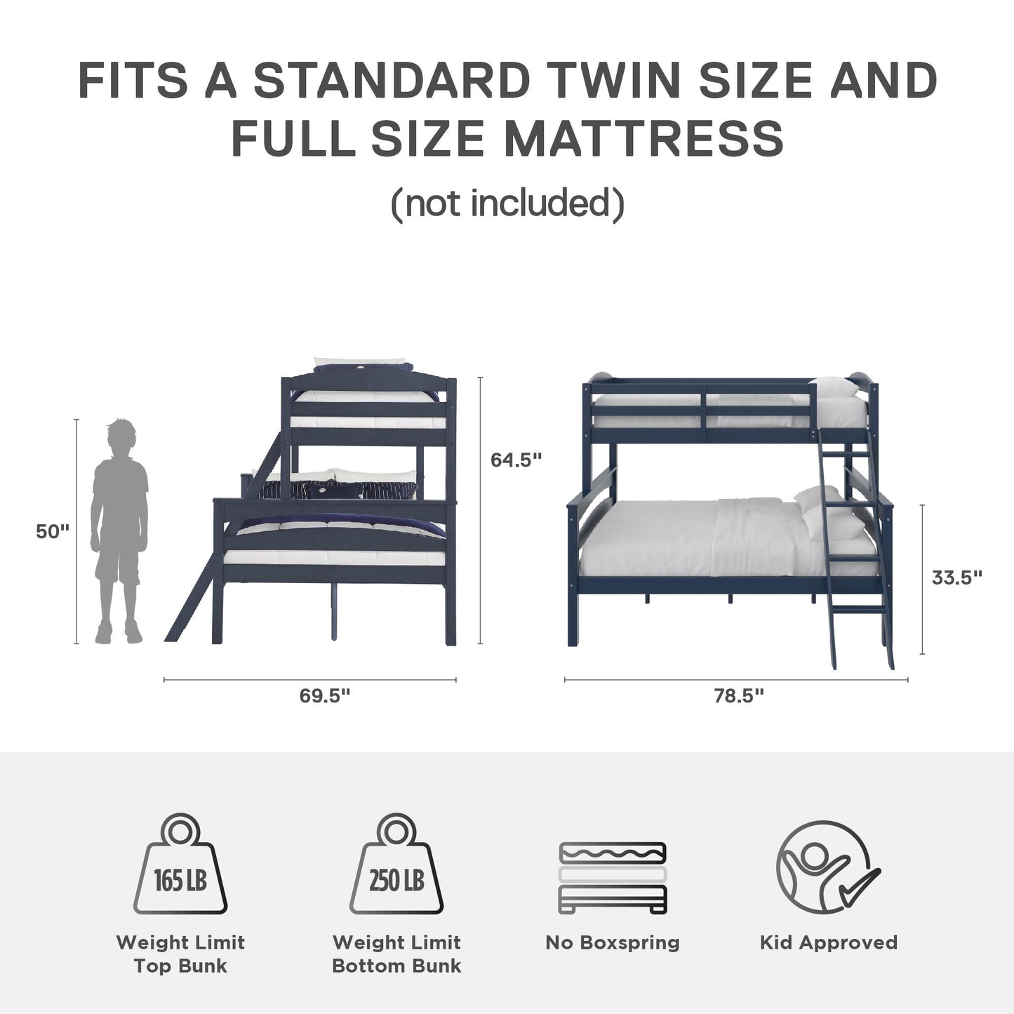 Brady Twin over Full Wooden Bunk Bed Frame with Ladder - Graphite Blue