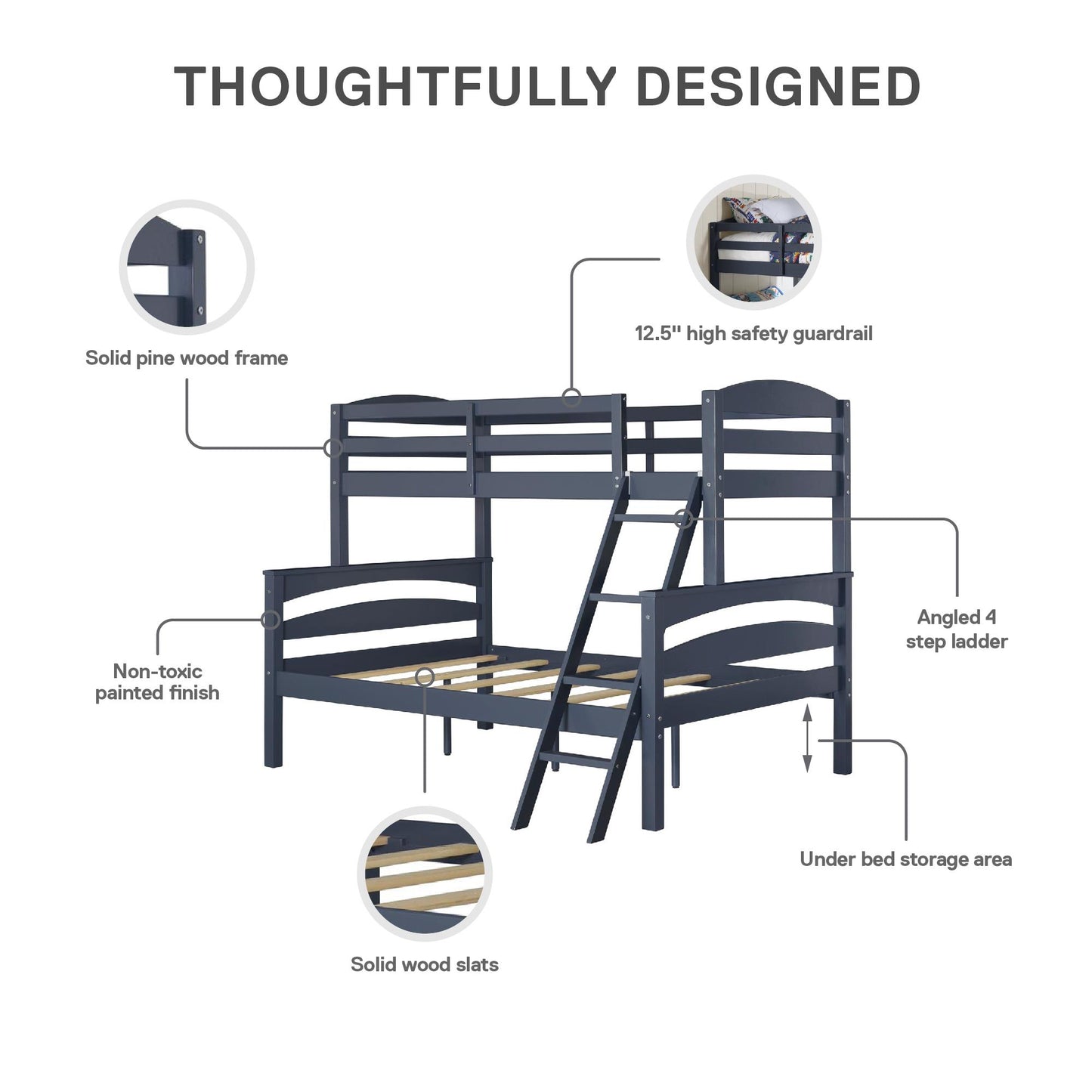 Brady Twin over Full Wooden Bunk Bed Frame with Ladder - Graphite Blue