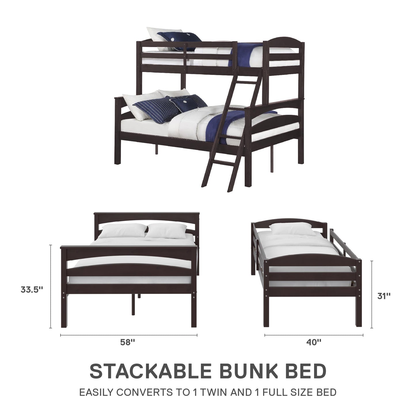 Brady Twin over Full Wooden Bunk Bed Frame with Ladder - Espresso