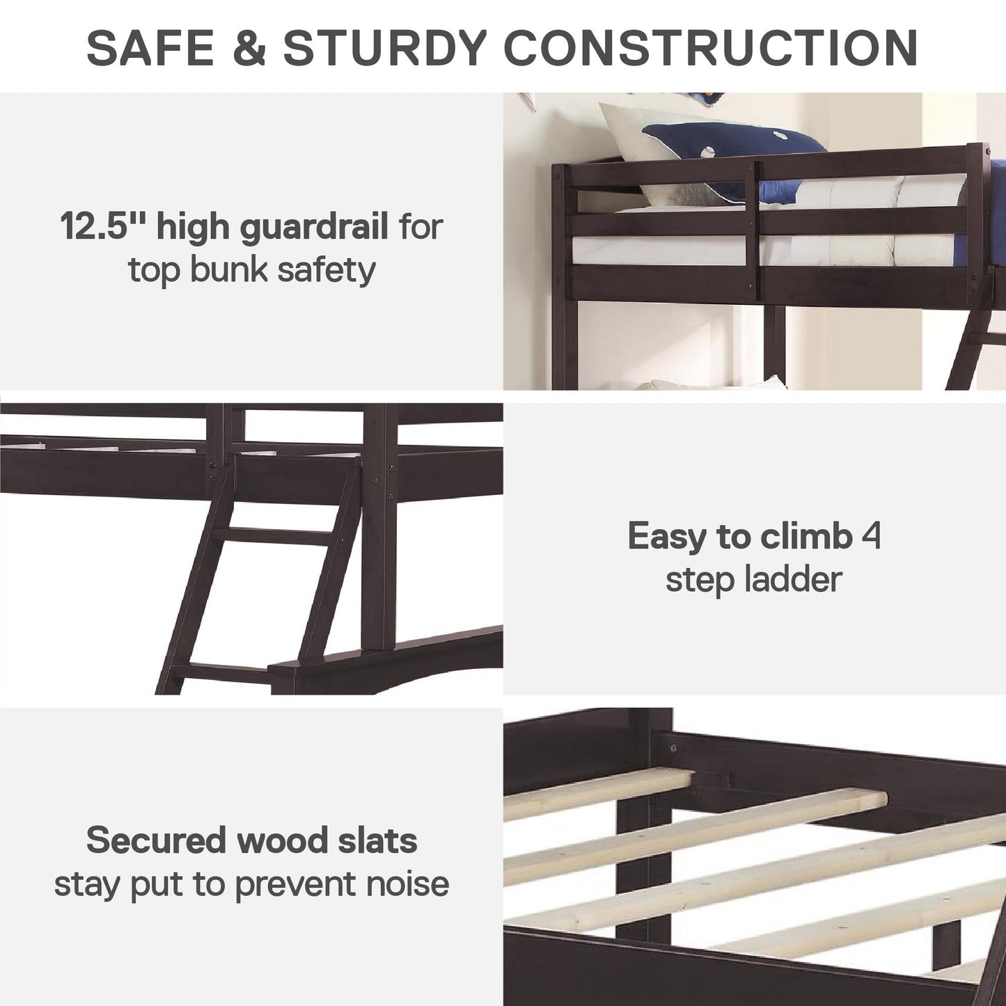 Brady Twin over Full Wooden Bunk Bed Frame with Ladder - Espresso