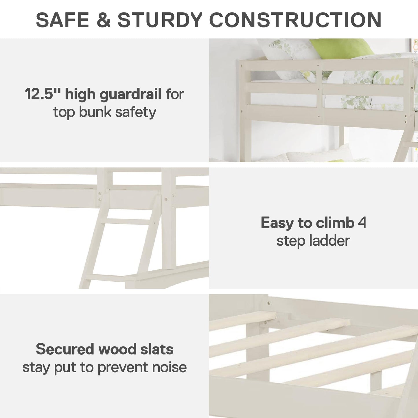 Brady Twin over Full Wooden Bunk Bed Frame with Ladder - White