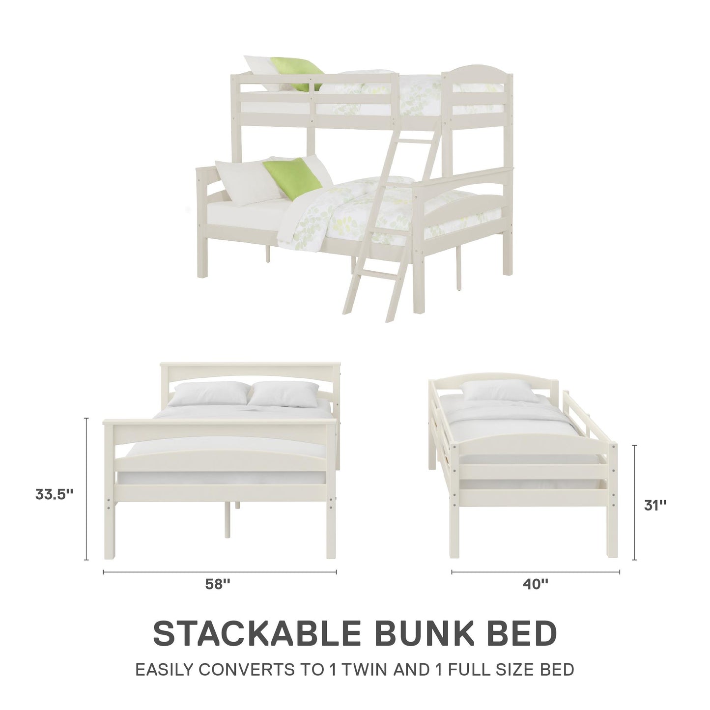 Brady Twin over Full Wooden Bunk Bed Frame with Ladder - White