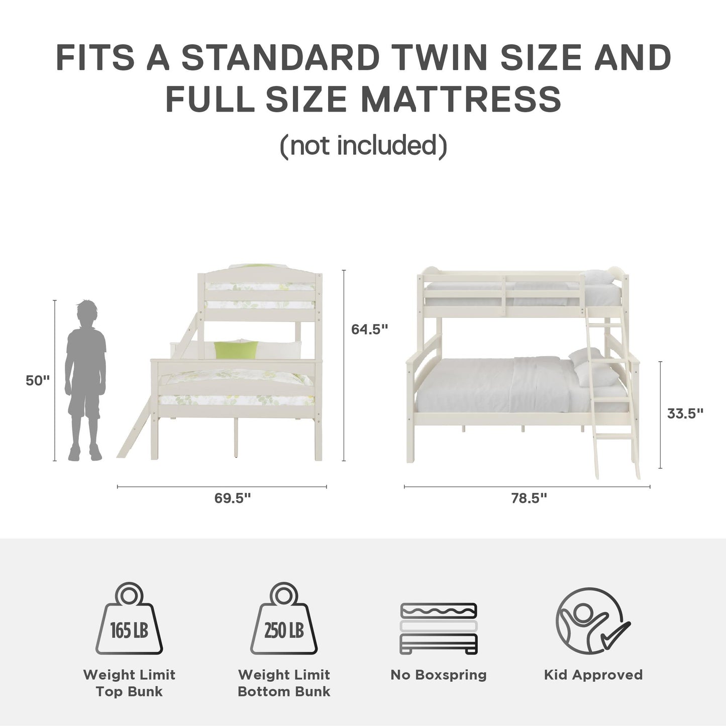 Brady Twin over Full Wooden Bunk Bed Frame with Ladder - White