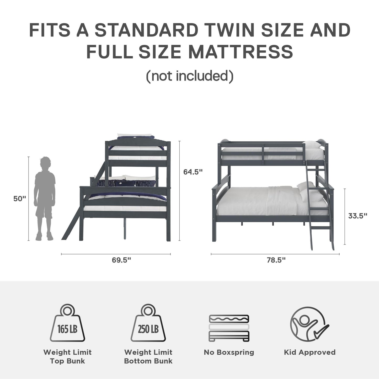 Brady Twin over Full Wooden Bunk Bed Frame with Ladder - Gray
