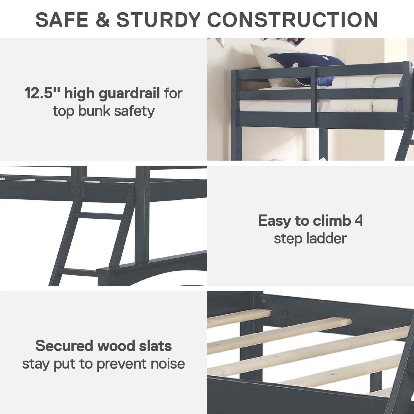 Brady Twin over Full Wooden Bunk Bed Frame with Ladder - Gray