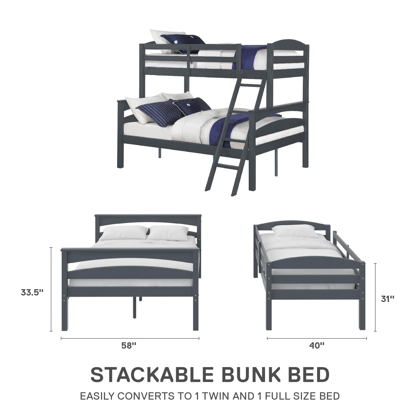 Brady Twin over Full Wooden Bunk Bed Frame with Ladder - Gray