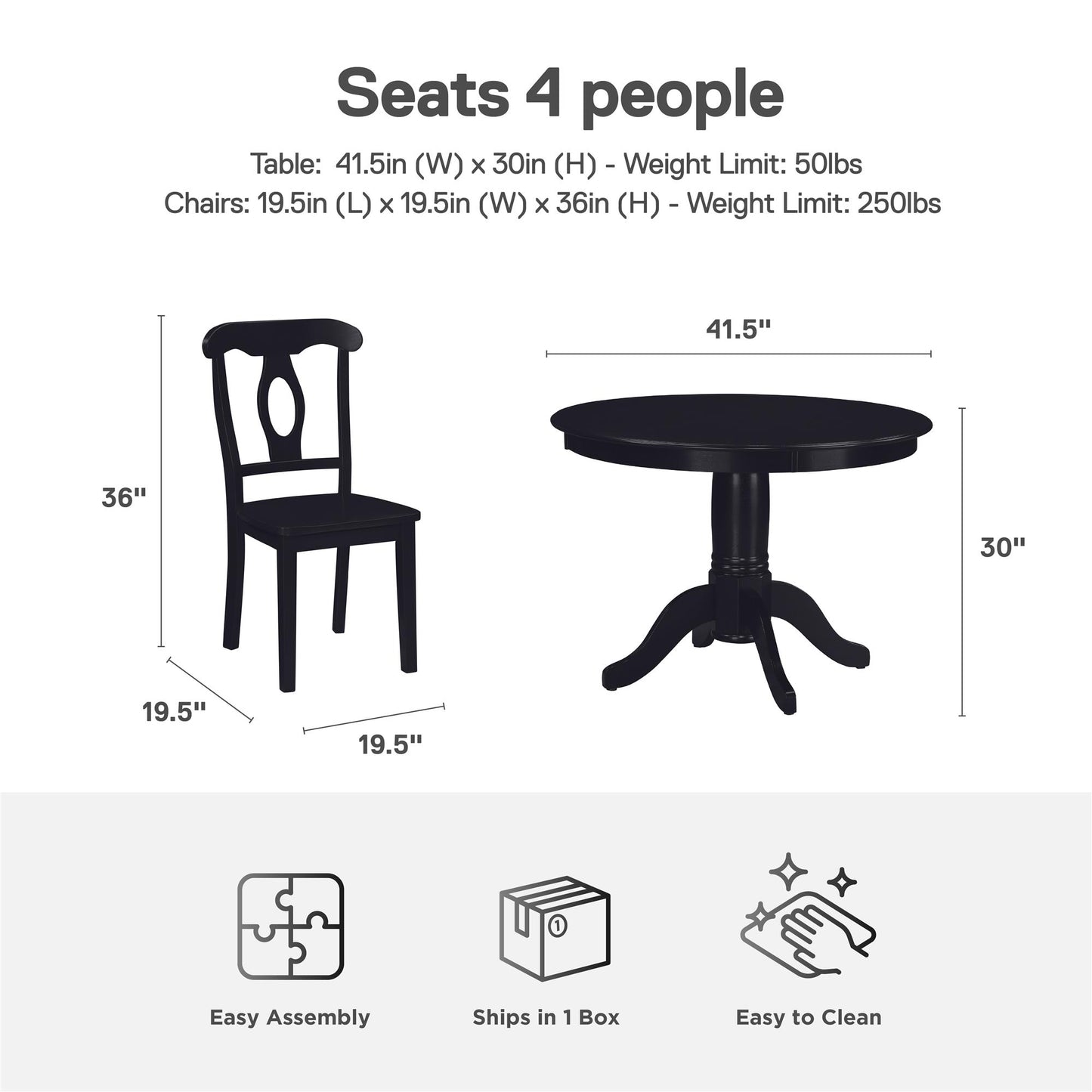 Aubrey 5 Piece Traditional Pedestal Round Dining Table and Chairs Set - Black