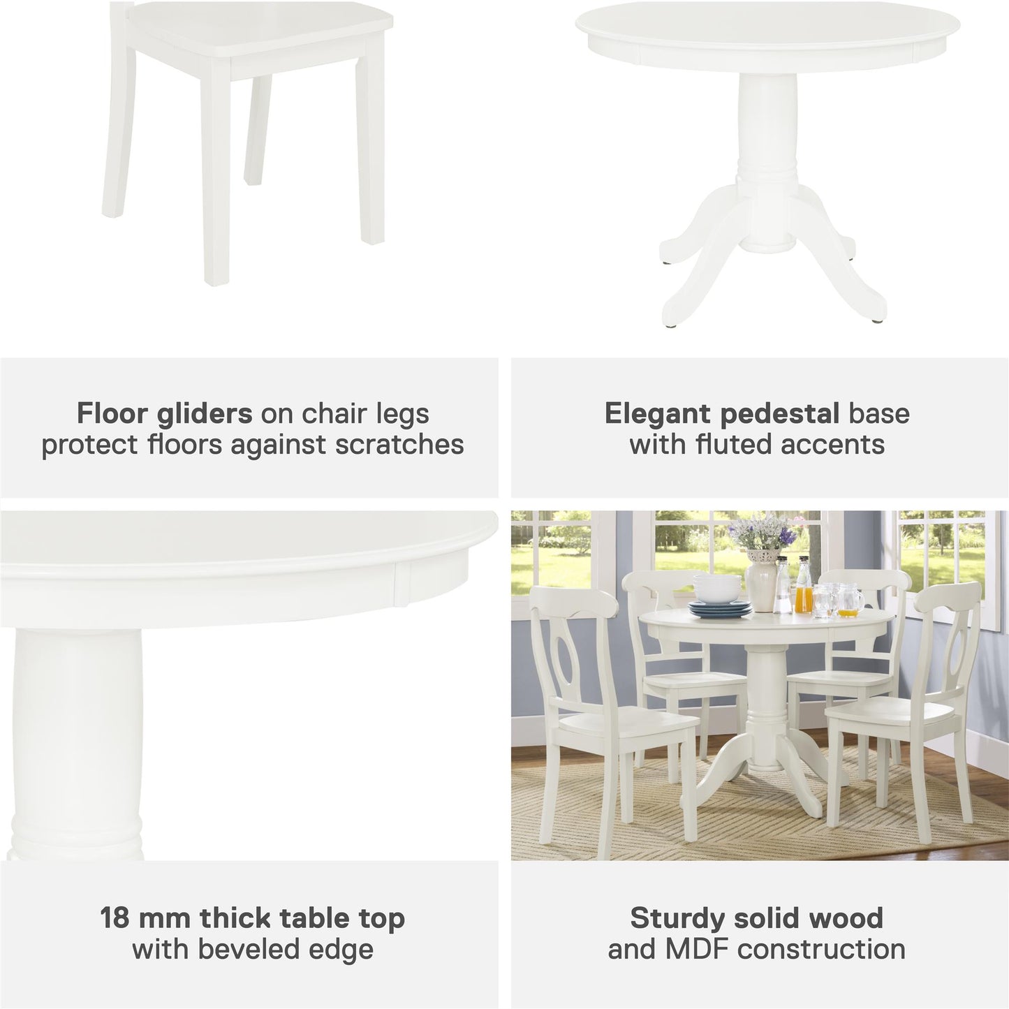 Aubrey 5 Piece Traditional Pedestal Round Dining Table and Chairs Set - White