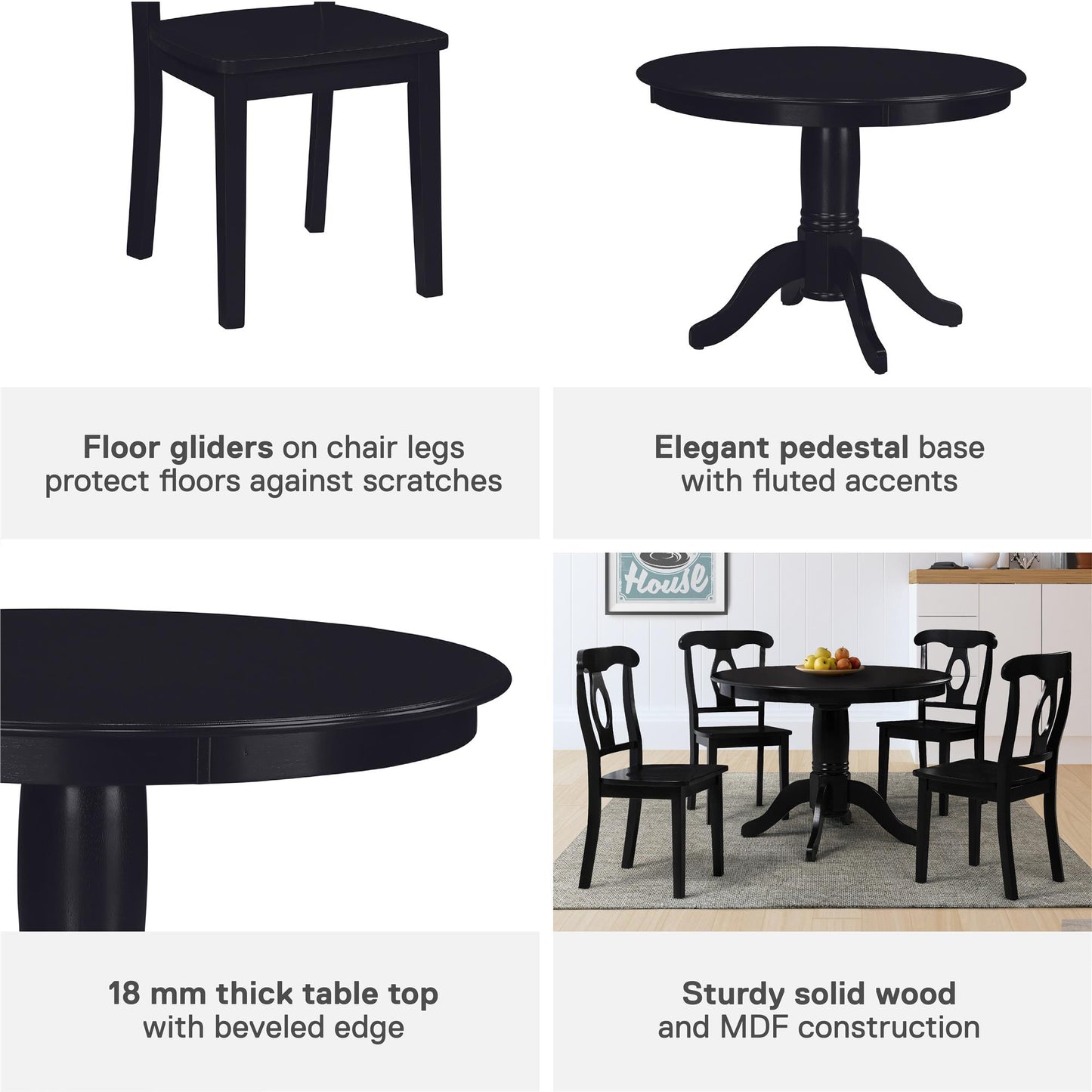 Aubrey 5 Piece Traditional Pedestal Round Dining Table and Chairs Set - Black