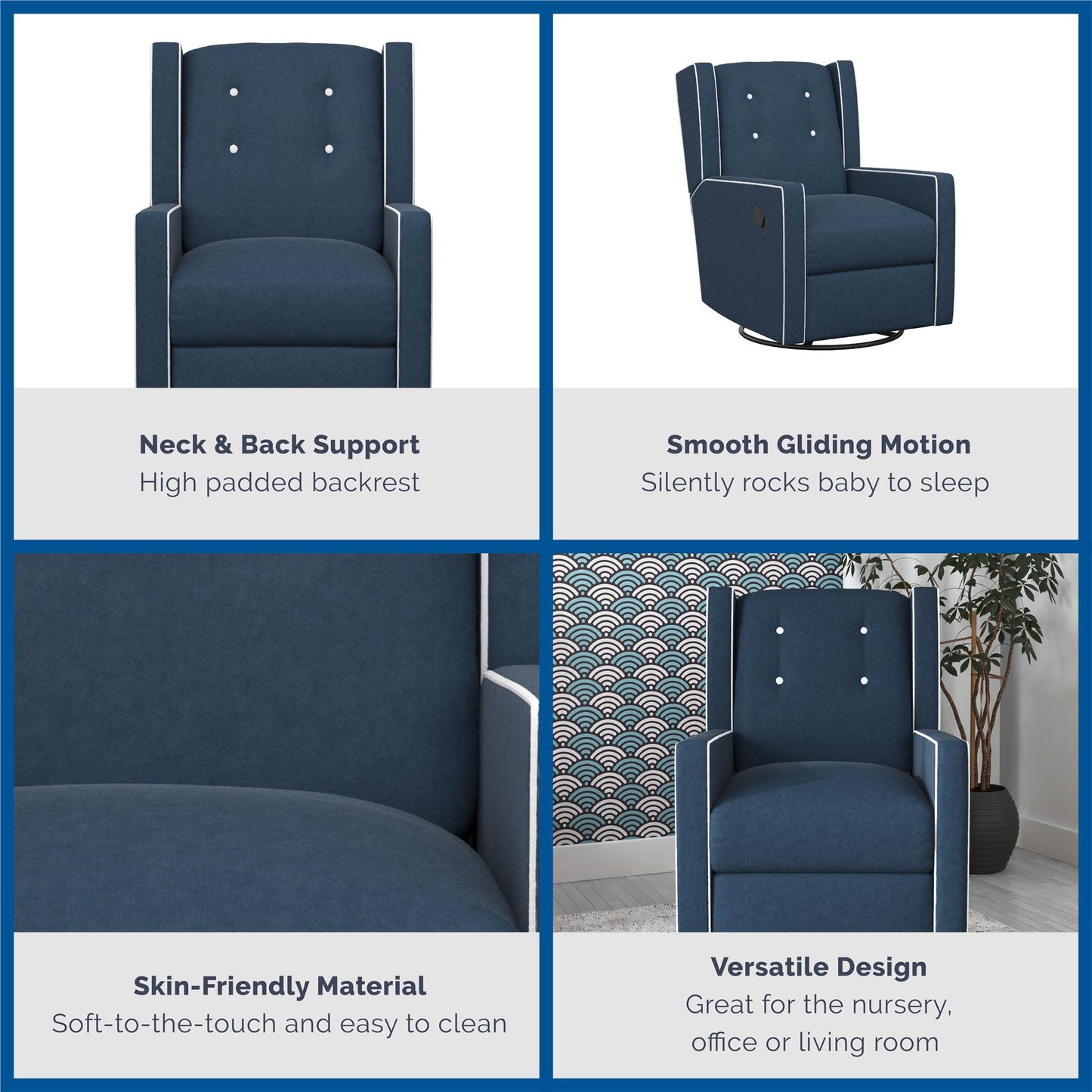 Mikayla Swivel Glider Recliner Chair Pocket Coil Seating - Blue