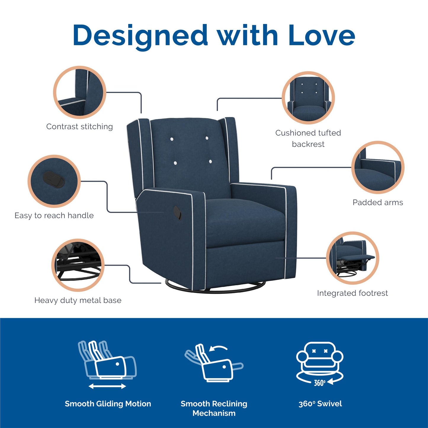 Mikayla Swivel Glider Recliner Chair Pocket Coil Seating - Blue
