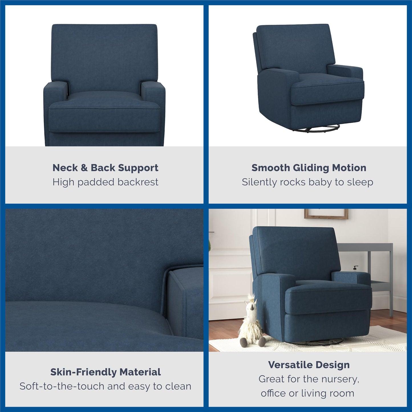Rylan Upholstered Swivel Glider Recliner Chair with Square Back - Blue