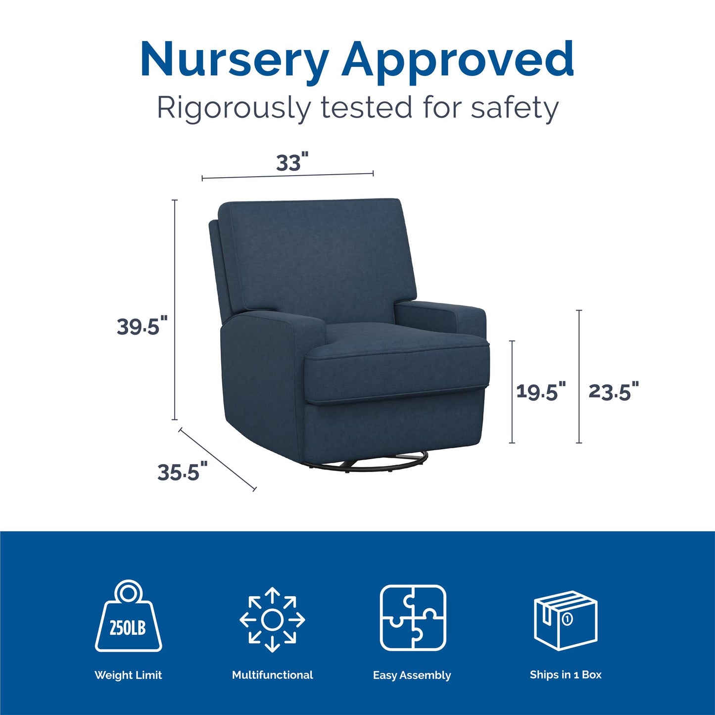 Rylan Upholstered Swivel Glider Recliner Chair with Square Back - Blue