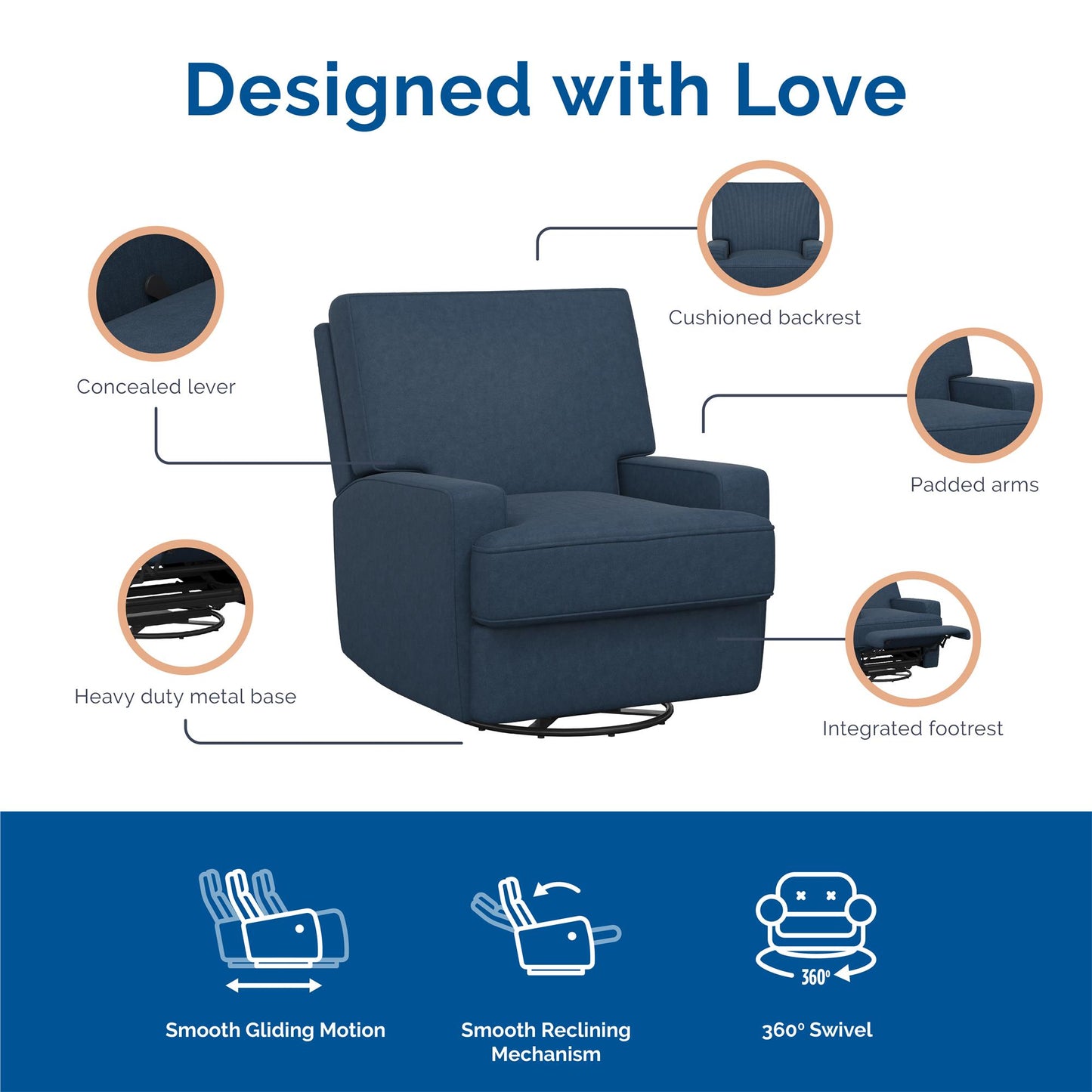 Rylan Upholstered Swivel Glider Recliner Chair with Square Back - Blue
