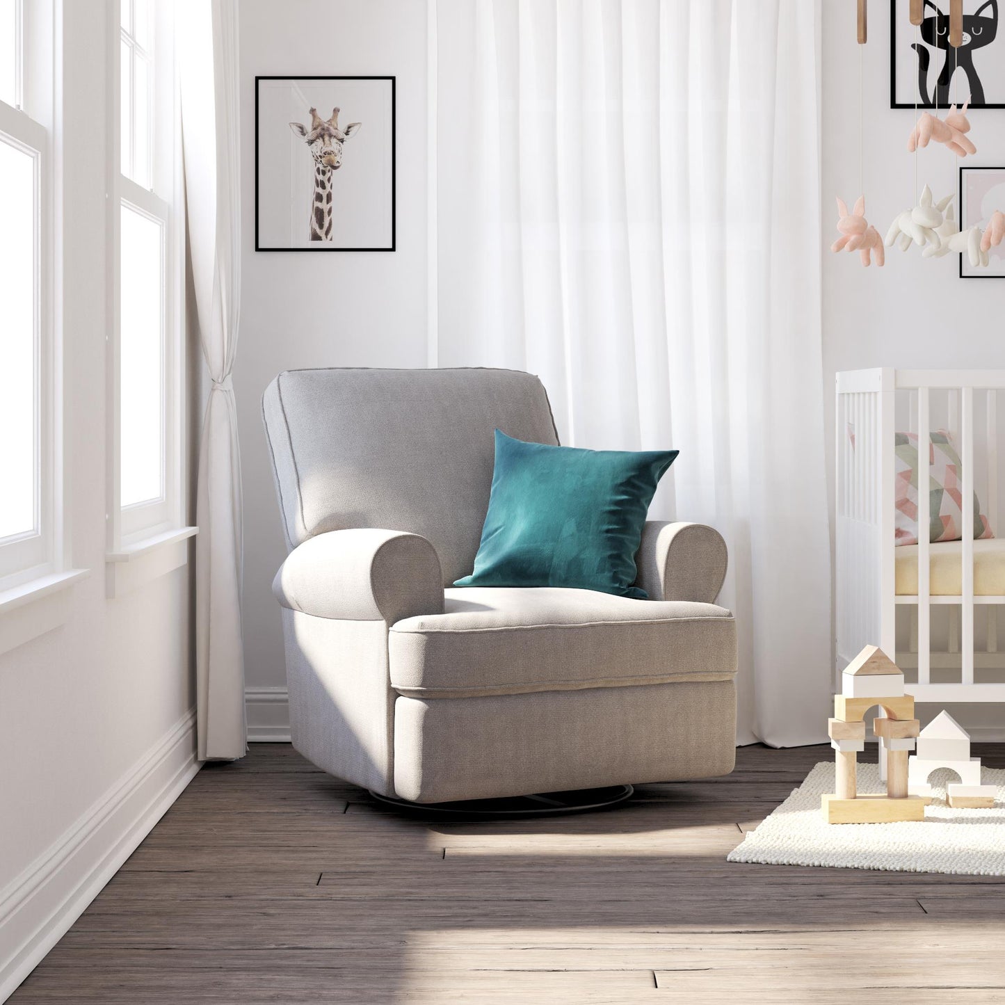 Tiana Swivel Glider Recliner Chair with Big Roll Arms and Pillowback - Gray