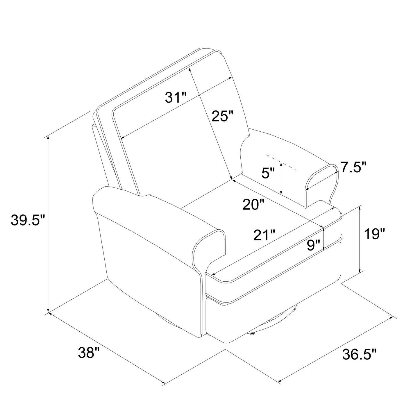 Tiana Swivel Glider Recliner Chair with Big Roll Arms and Pillowback - Gray