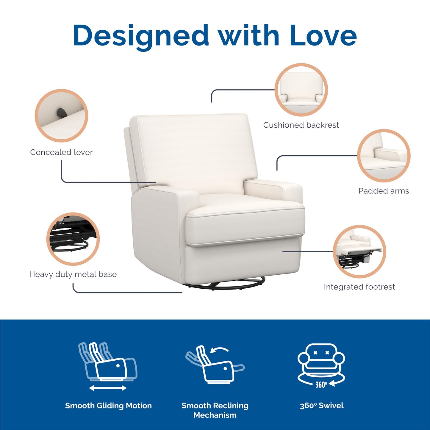 Rylan Upholstered Swivel Glider Recliner Chair with Square Back - White