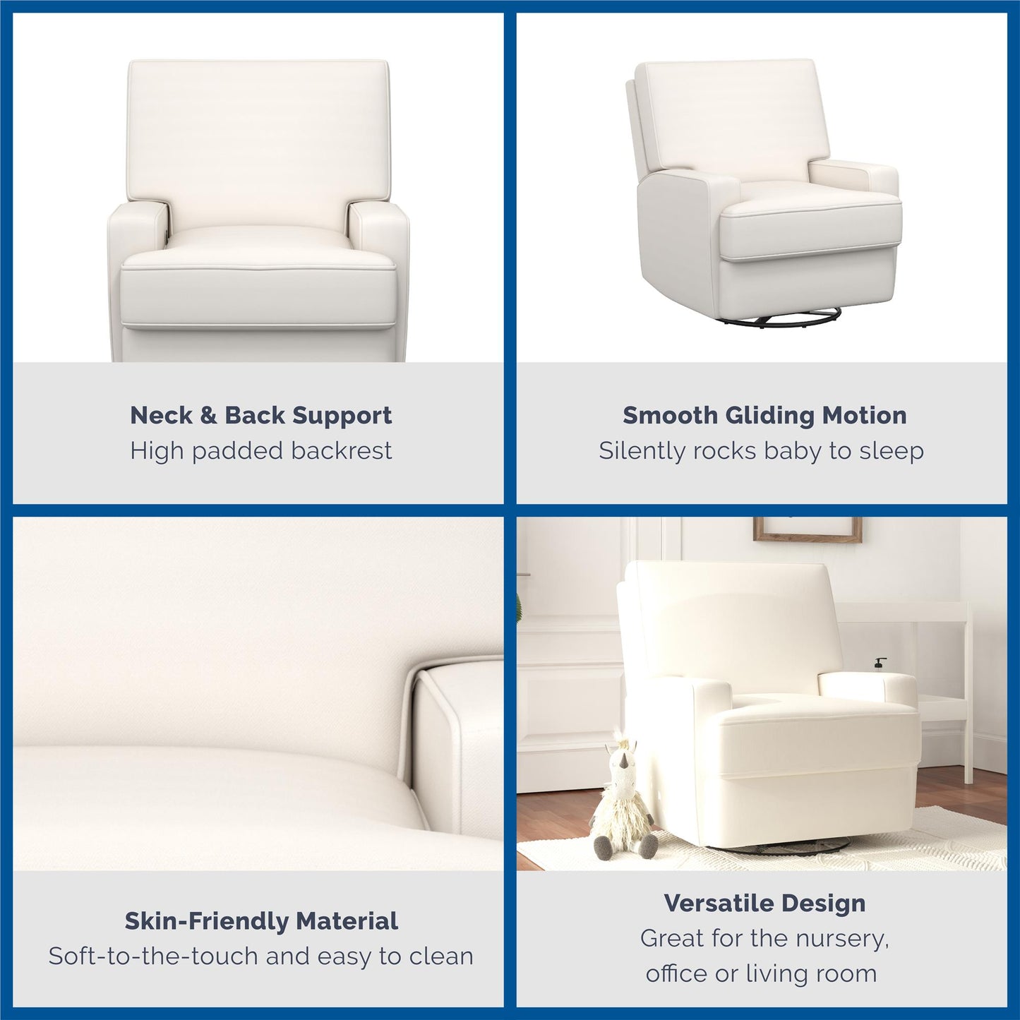Rylan Upholstered Swivel Glider Recliner Chair with Square Back - White