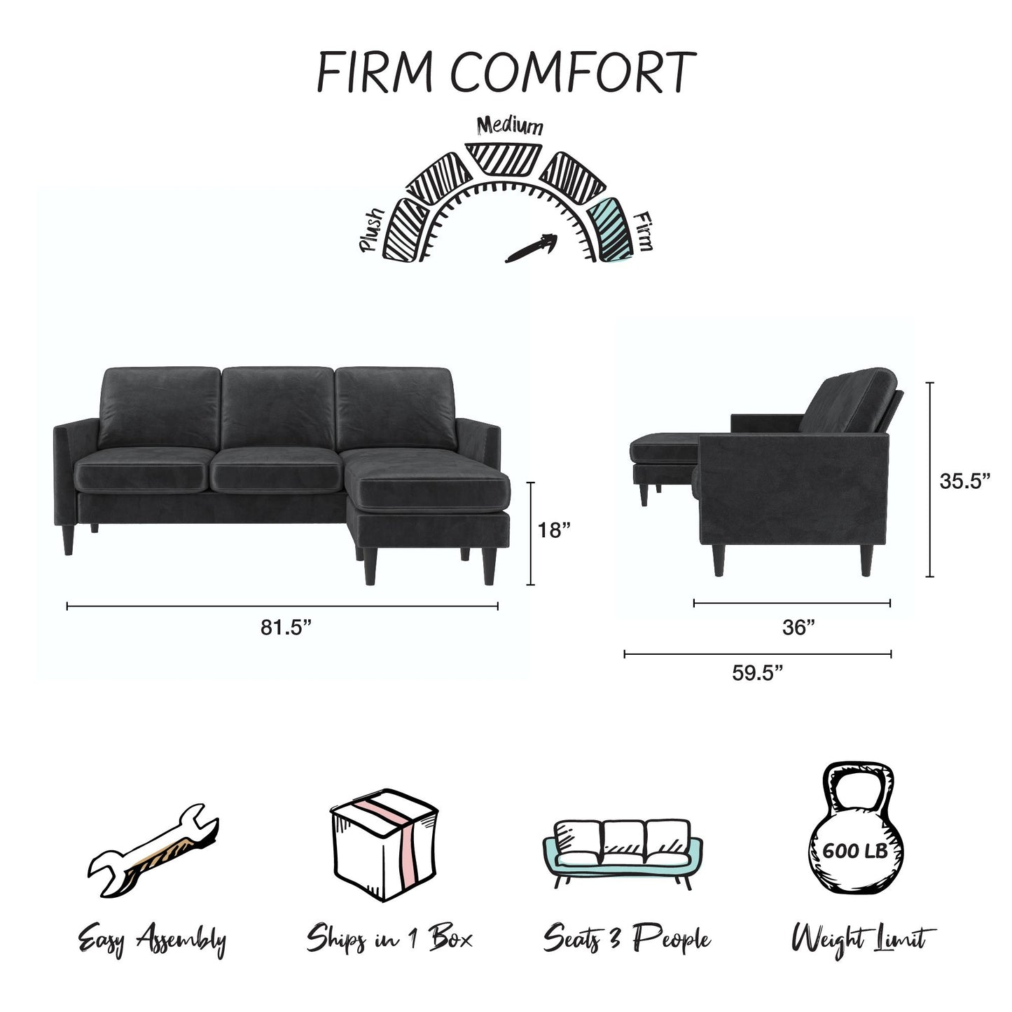 Winston Reversible Sofa Sectional - Dark Gray