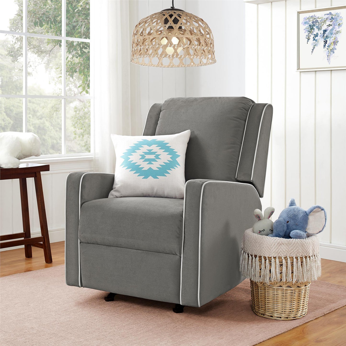 Robyn Upholstered Rocker Recliner Chair with White Trim Detail - Graphite Grey