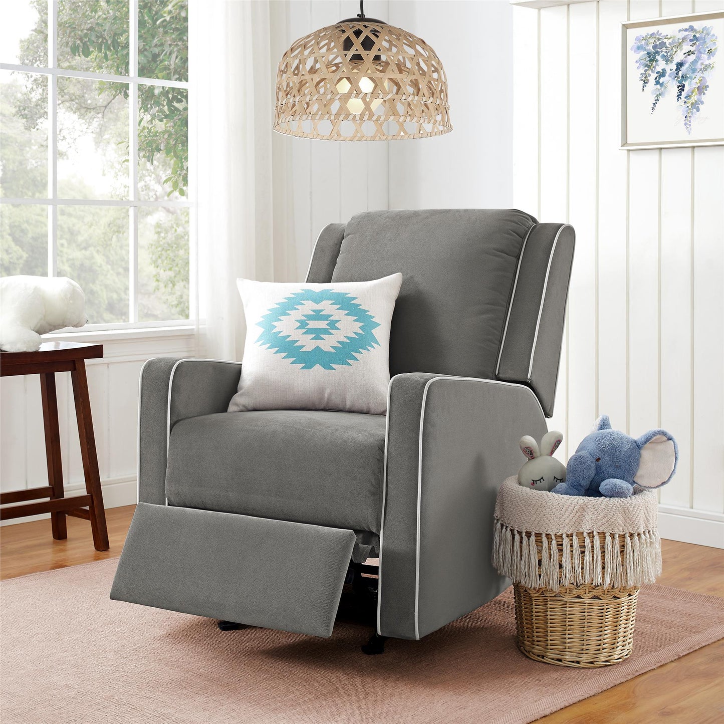 Robyn Upholstered Rocker Recliner Chair with White Trim Detail - Graphite Grey