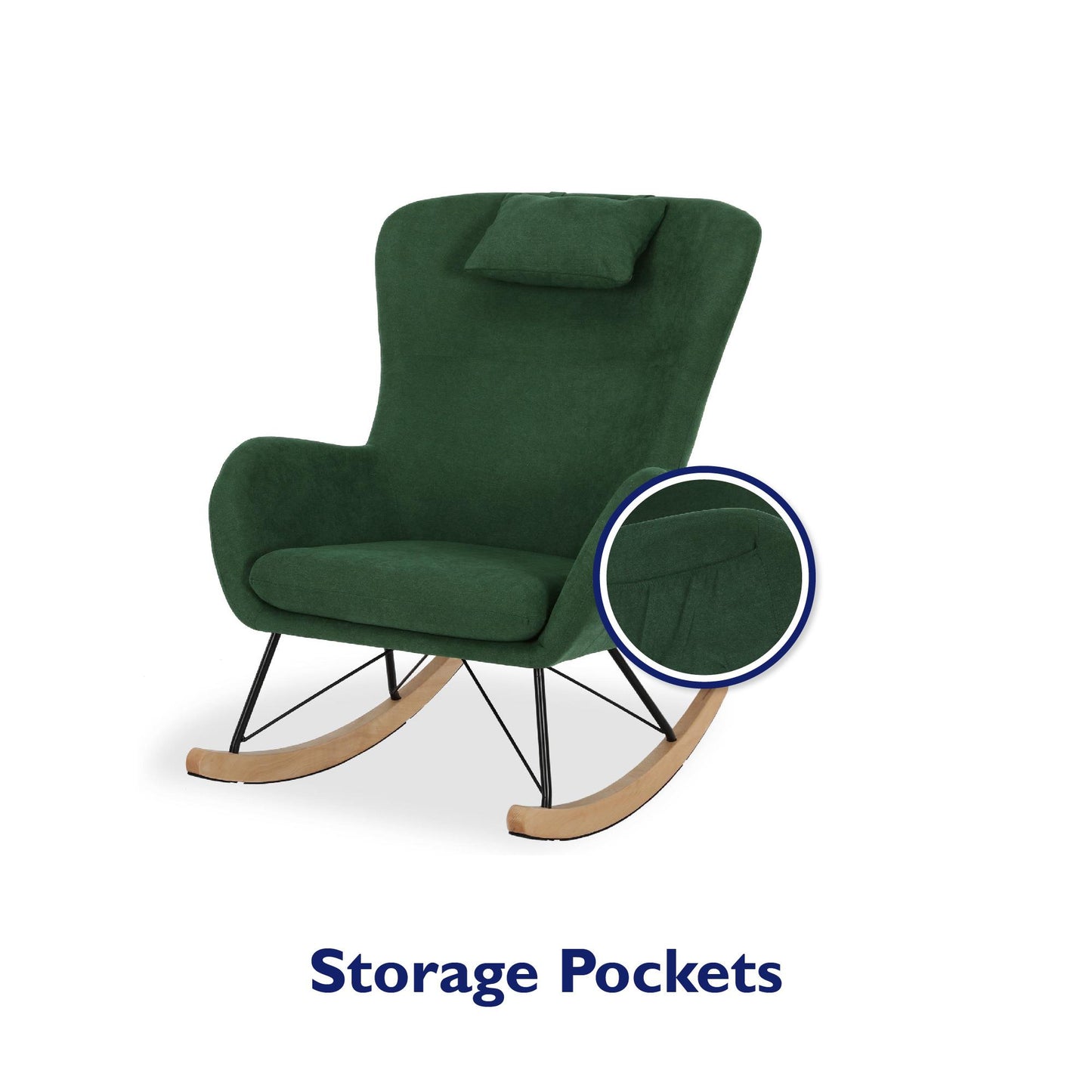 Robbie Rocker Accent Chair with Storage Pockets and Matching Pillow Headrest - Green