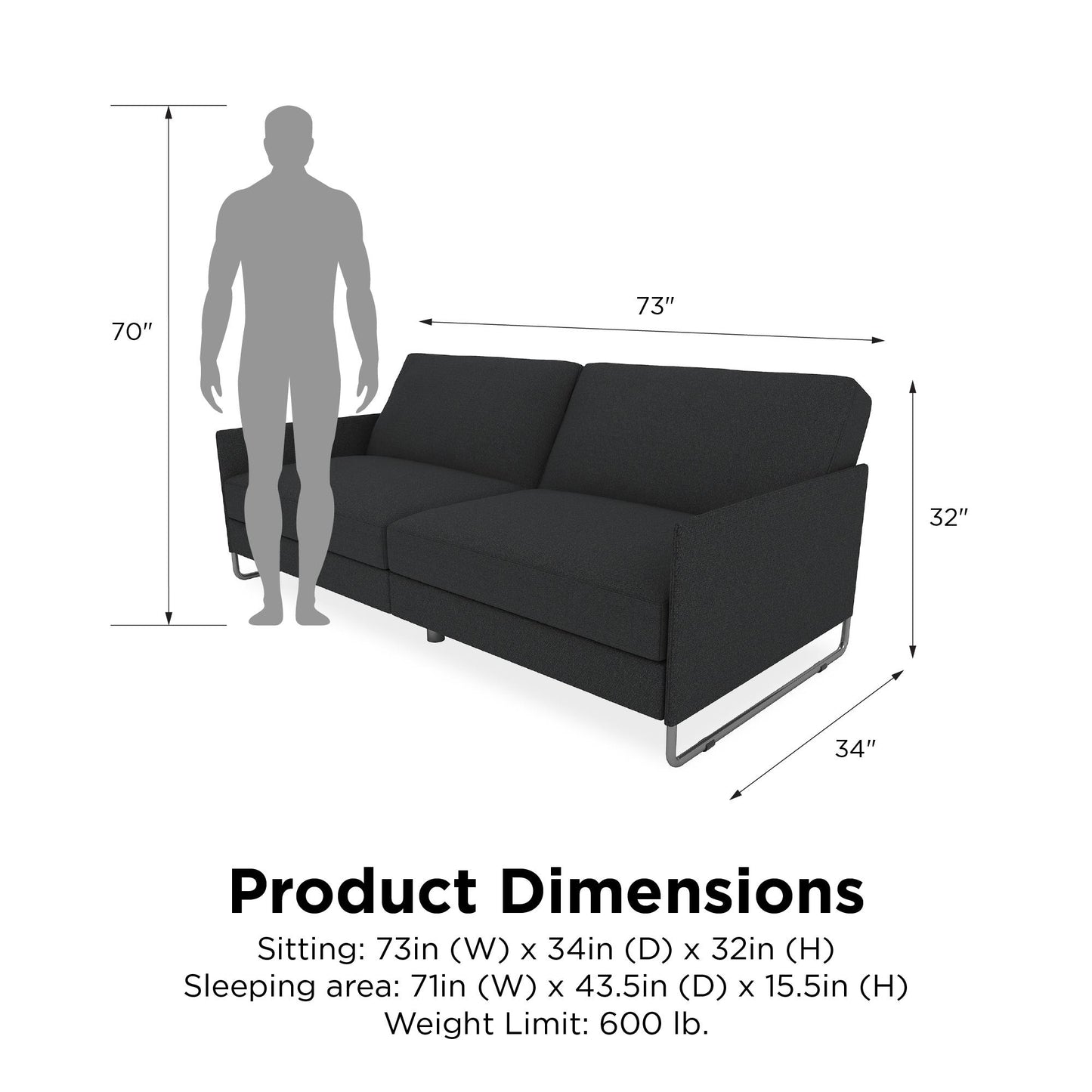 Pembroke Convertible Futon with Armrests and Metal Sleigh Legs - Grey Linen