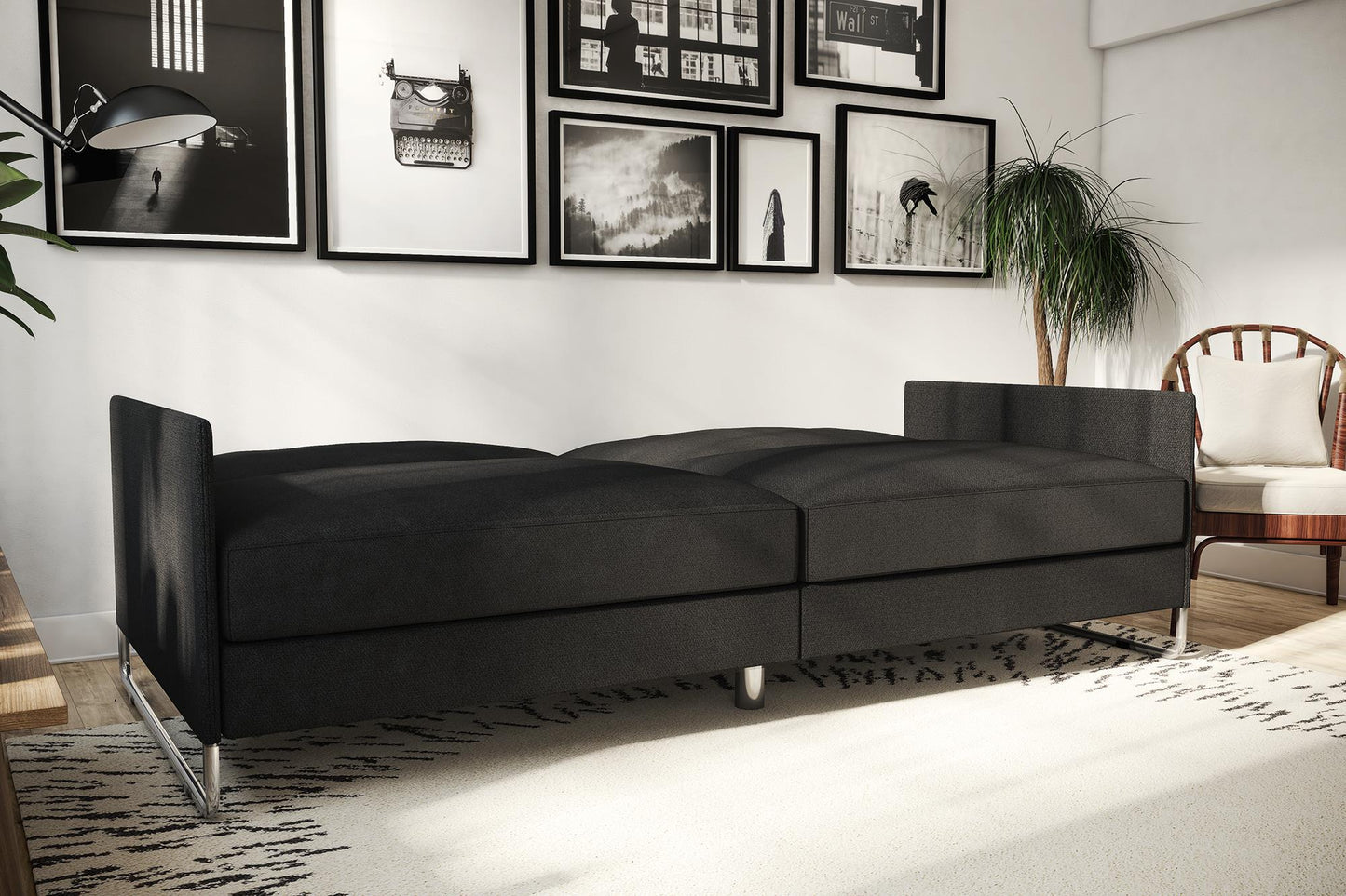 Pembroke Convertible Futon with Armrests and Metal Sleigh Legs - Grey Linen