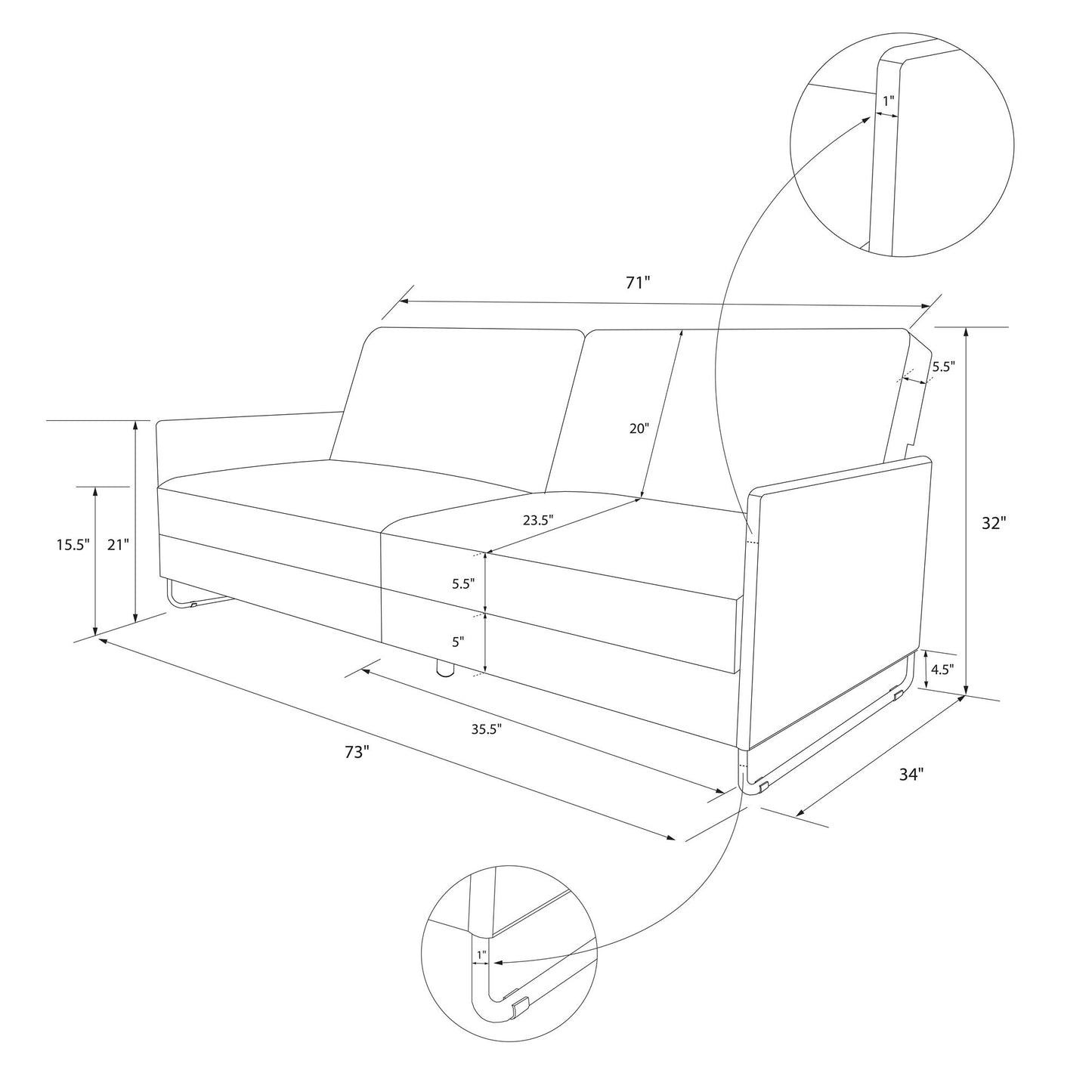 Pembroke Convertible Futon with Armrests and Metal Sleigh Legs - Grey Linen