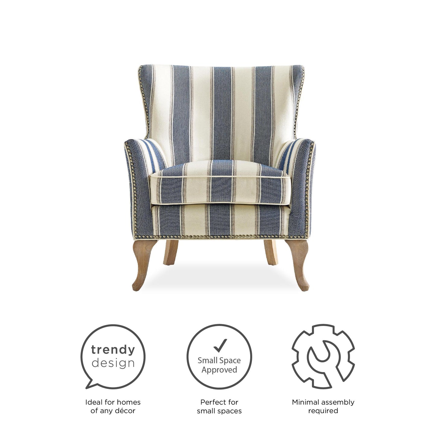 Reva Upholstered Club Accent Chair with Nail Head Trim - Blue Stripe