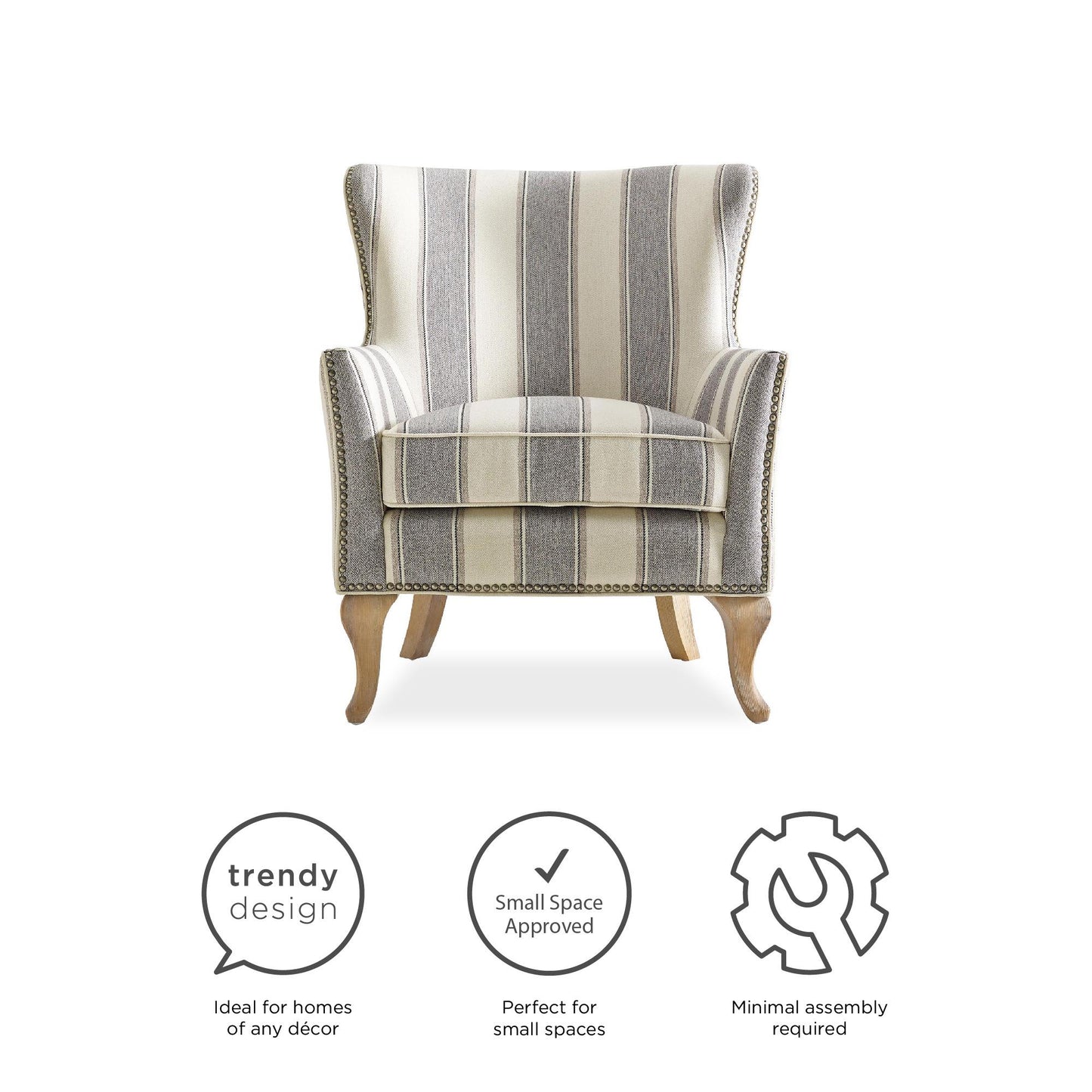 Reva Upholstered Club Accent Chair with Nail Head Trim - Gray Stripe