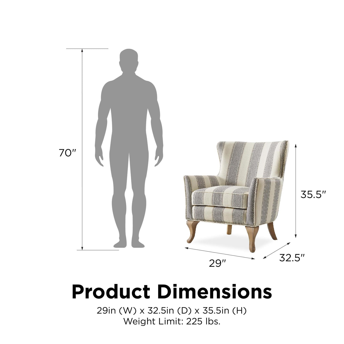 Reva Upholstered Club Accent Chair with Nail Head Trim - Gray Stripe