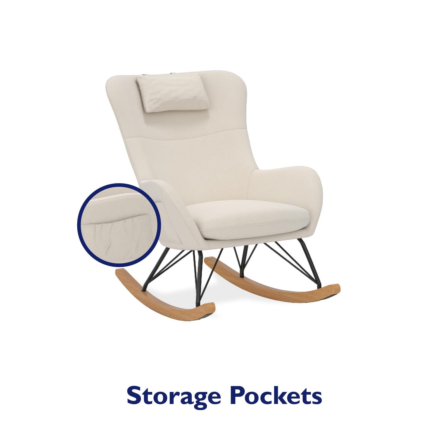 Robbie Rocker Accent Chair with Storage Pockets and Matching Pillow Headrest - Beige