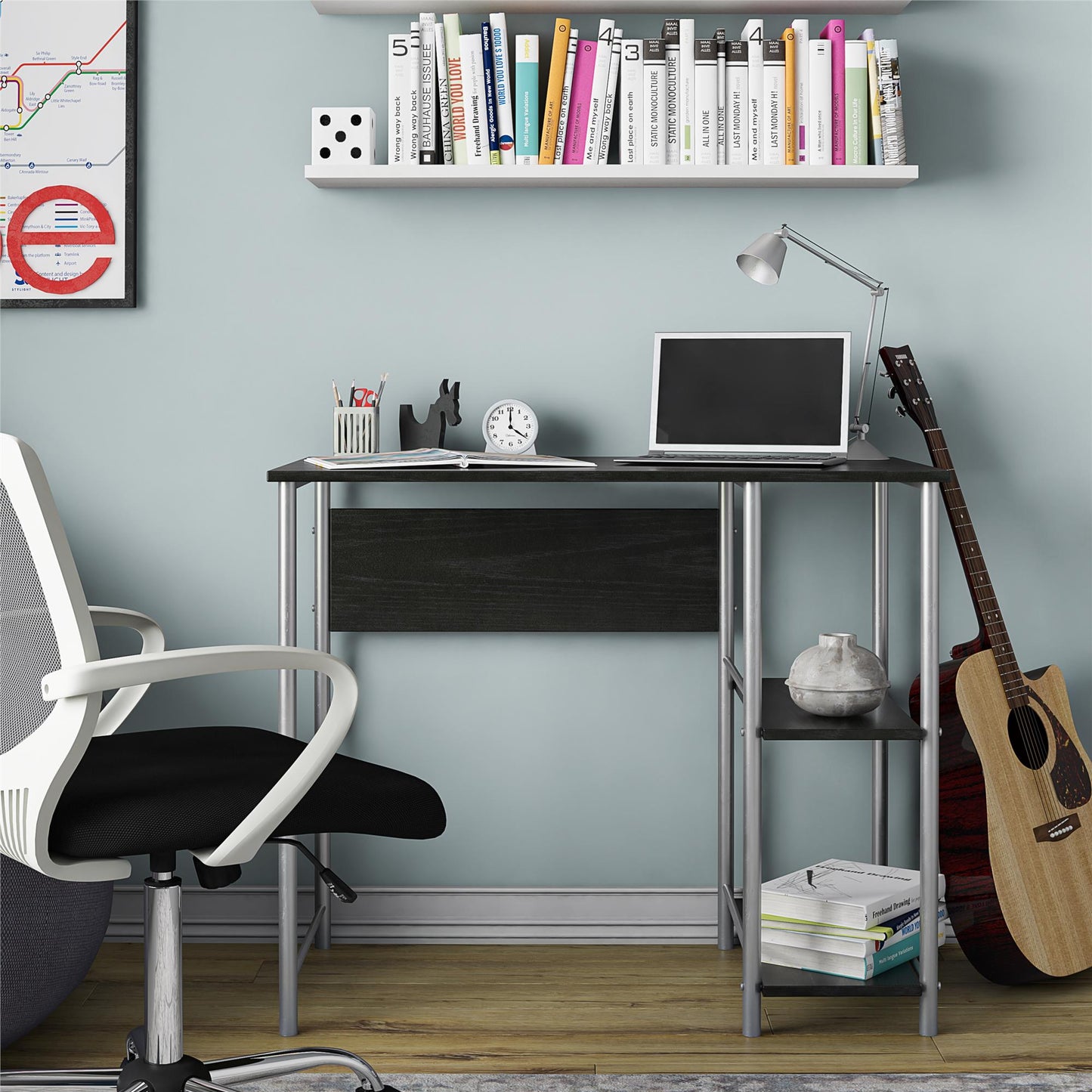 Meridian Metal Student Computer Desk With 2 Side Storage Shelves - Black