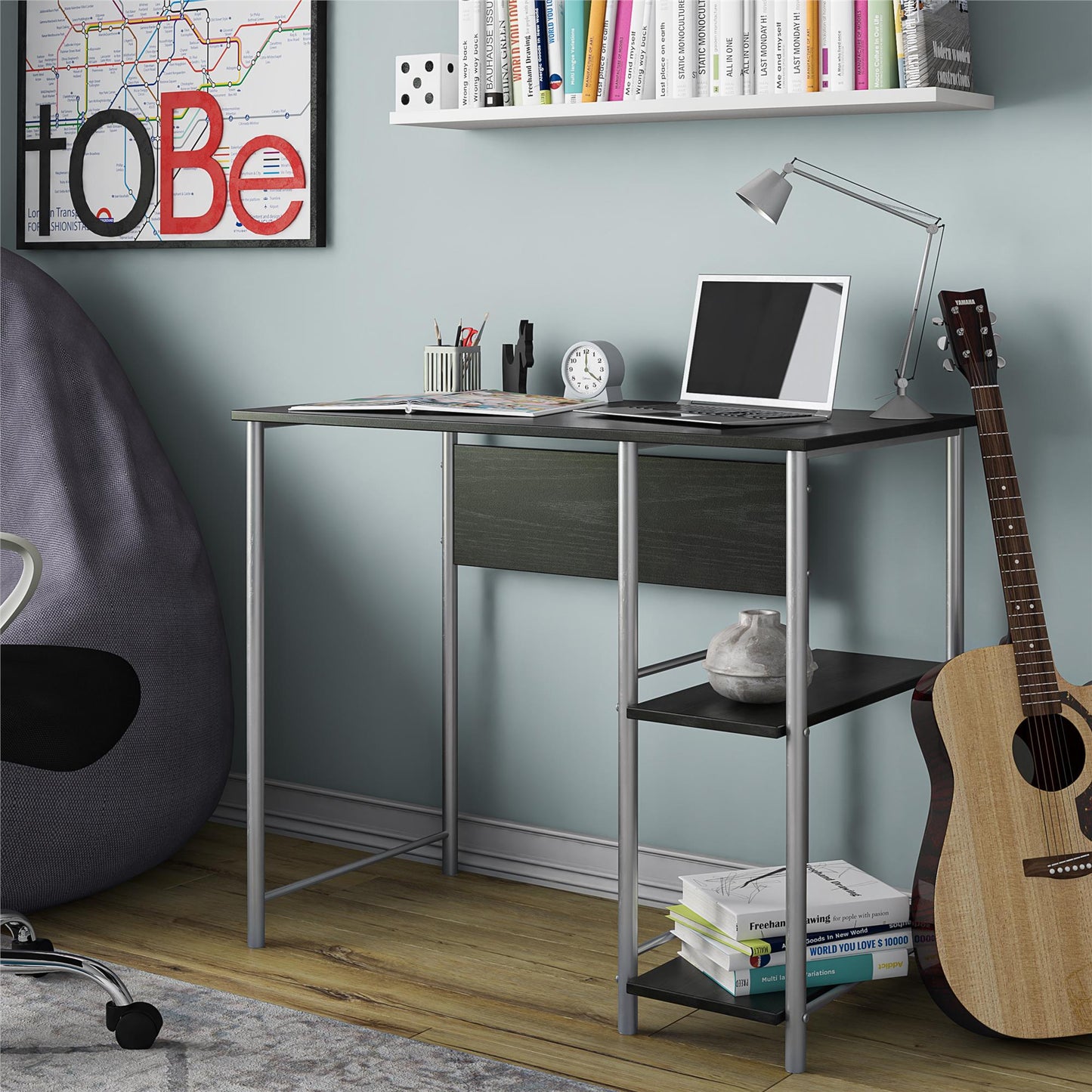 Meridian Metal Student Computer Desk With 2 Side Storage Shelves - Black