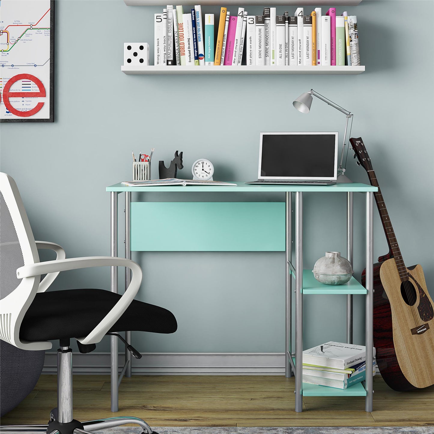 Meridian Metal Student Computer Desk With 2 Side Storage Shelves - Spearmint