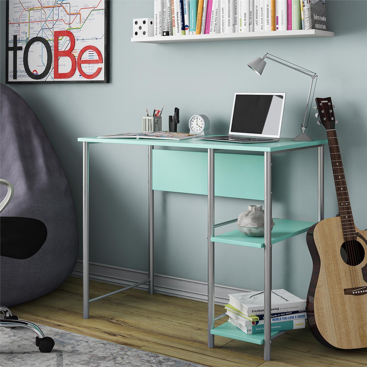 Meridian Metal Student Computer Desk With 2 Side Storage Shelves - Spearmint