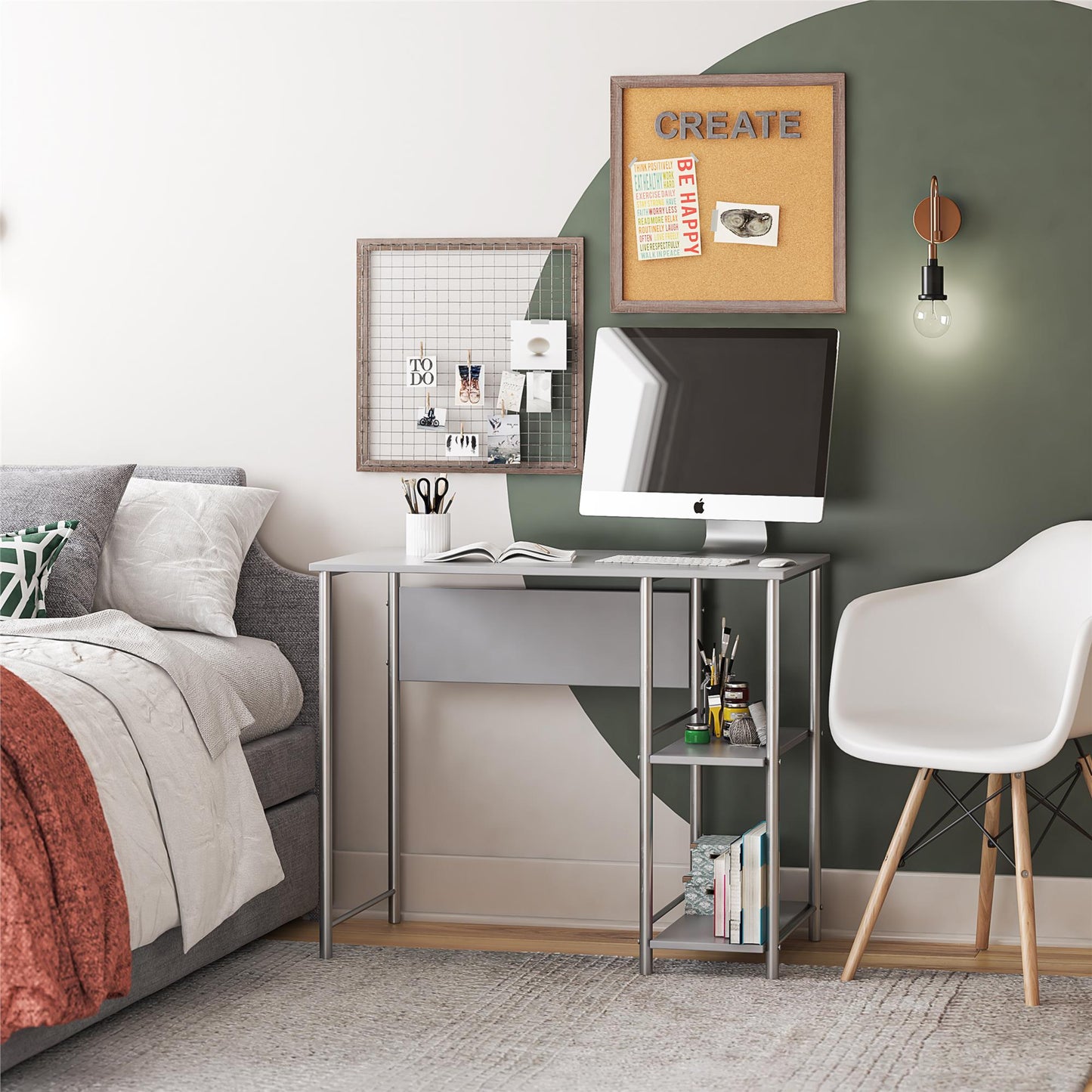 Meridian Metal Student Computer Desk With 2 Side Storage Shelves - Gray