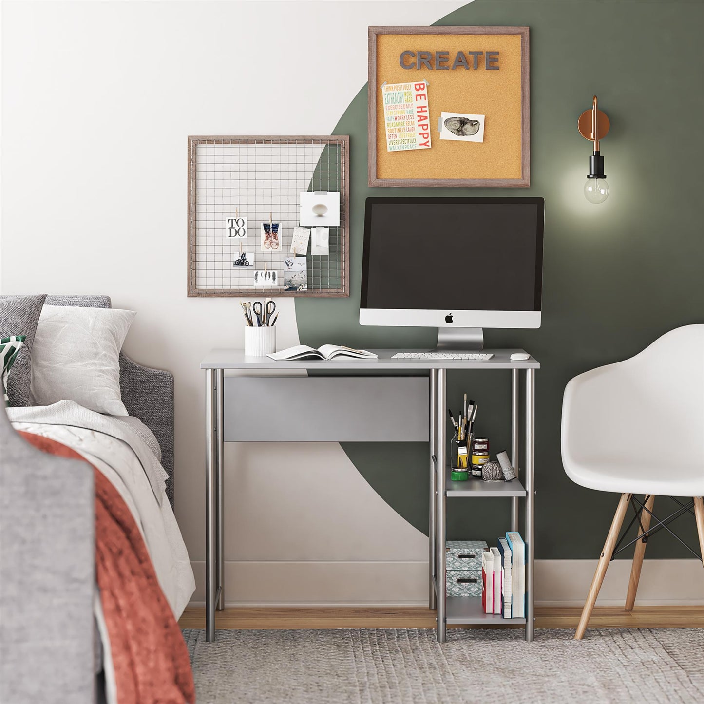 Meridian Metal Student Computer Desk With 2 Side Storage Shelves - Gray