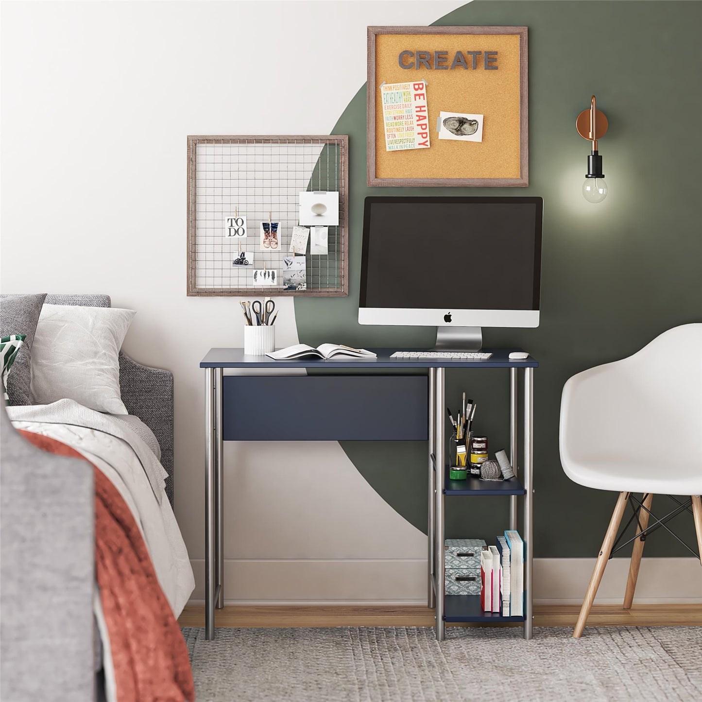 Meridian Metal Student Computer Desk With 2 Side Storage Shelves - Blue